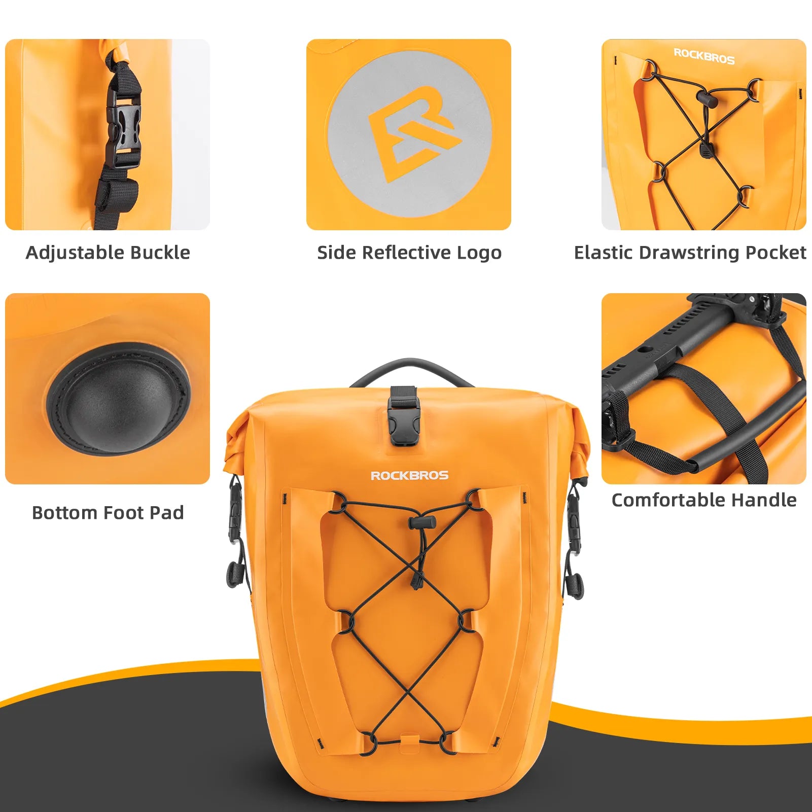 ROCKBROS 25L waterproof bike pannier bag installed on bicycle rear rack for touring and commuting.
#color_orange