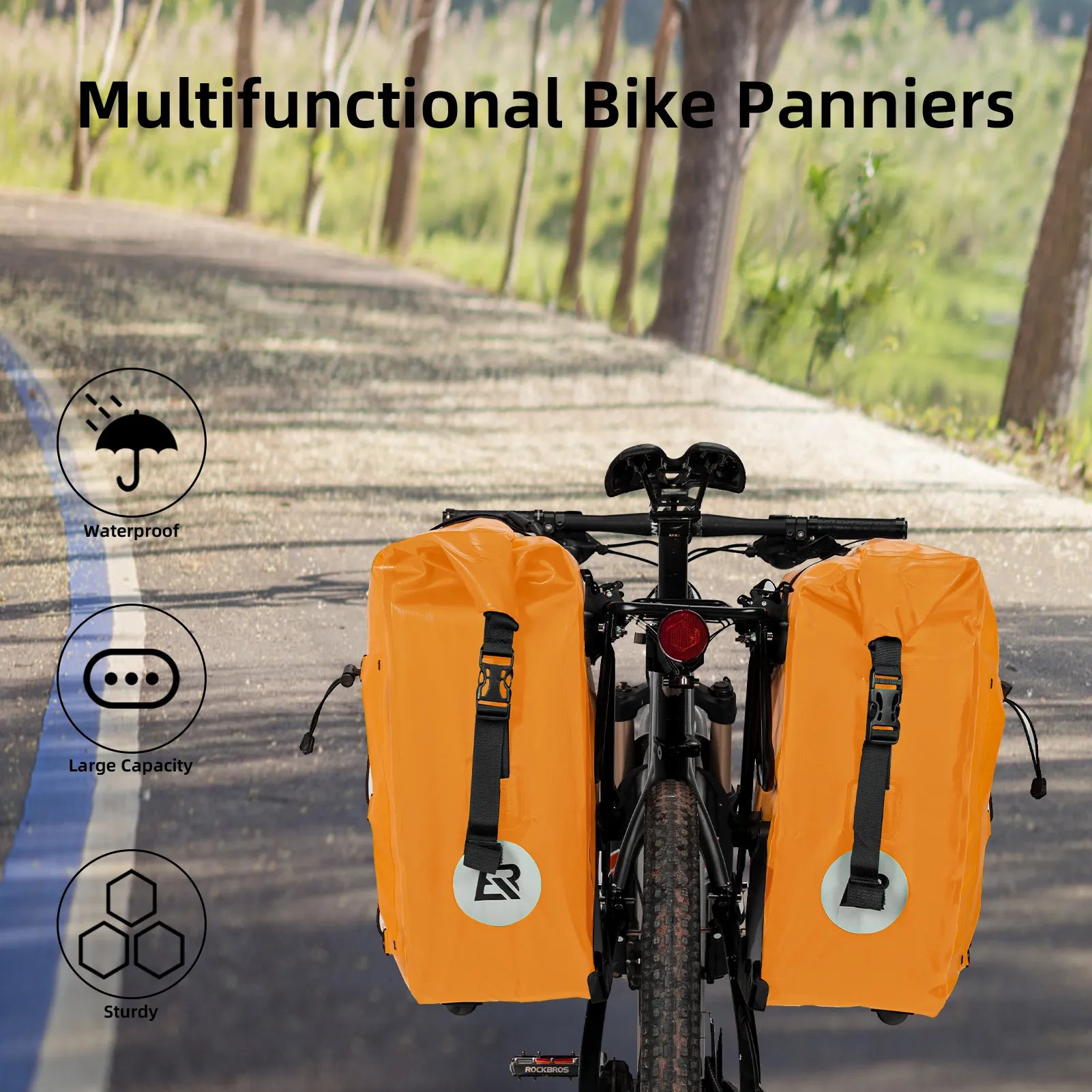 ROCKBROS 25L waterproof bike pannier bag installed on bicycle rear rack for touring and commuting.
#color_orange