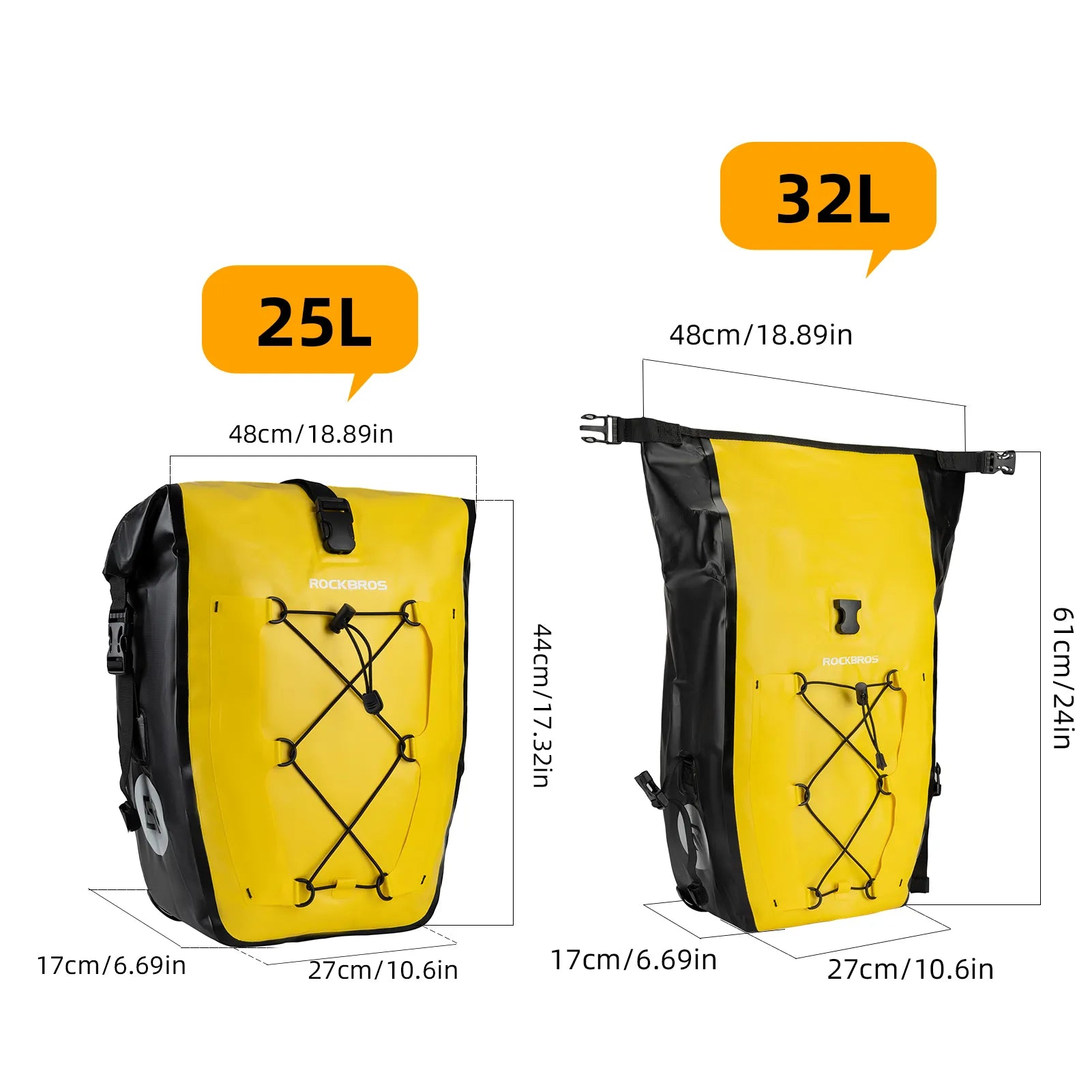 ROCKBROS 25L waterproof bike pannier bag installed on bicycle rear rack for touring and commuting.
#color_yellow