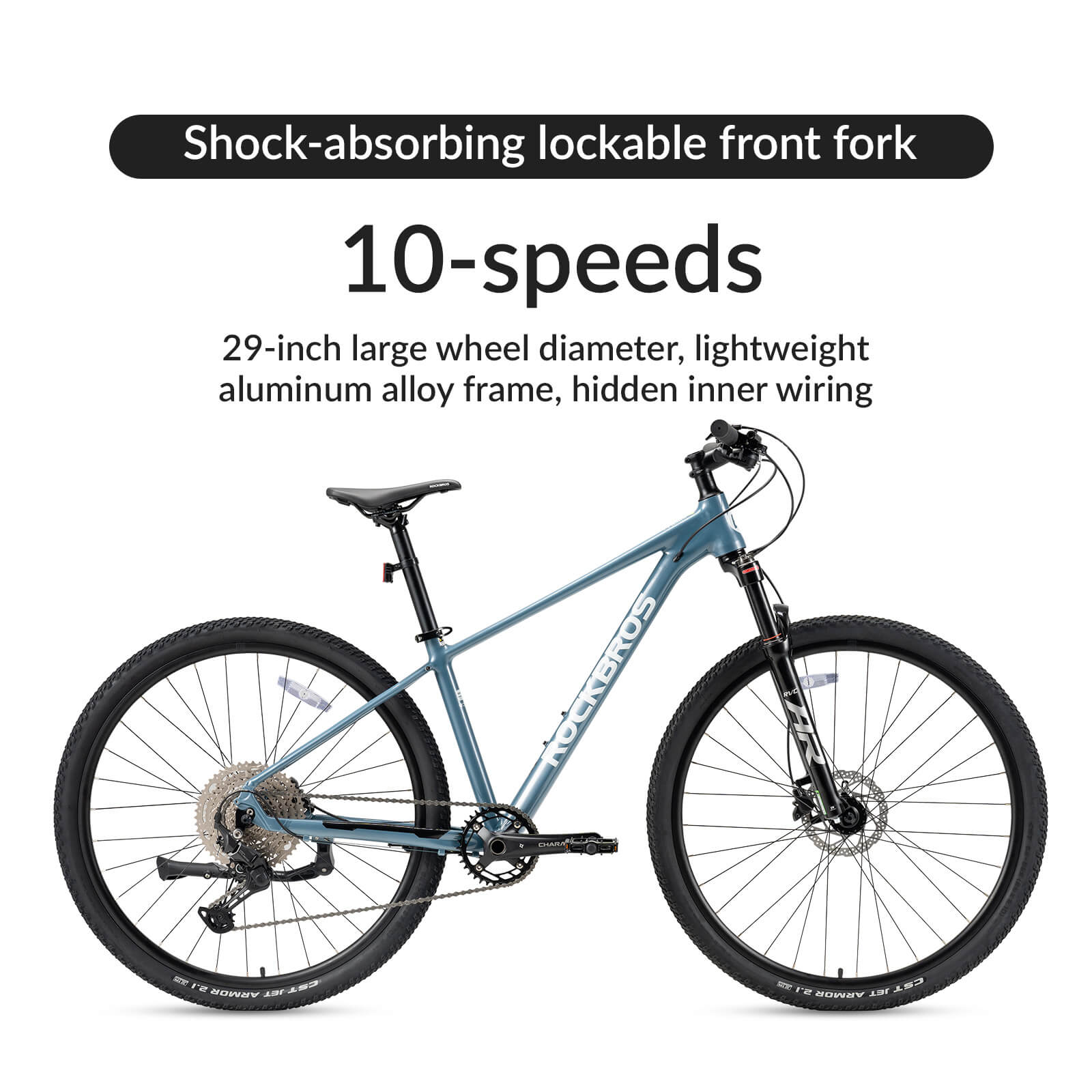 rockbros 29 inch aluminium mountain bike with hydraulic disc brakes for off-road cycling.
#color_blue