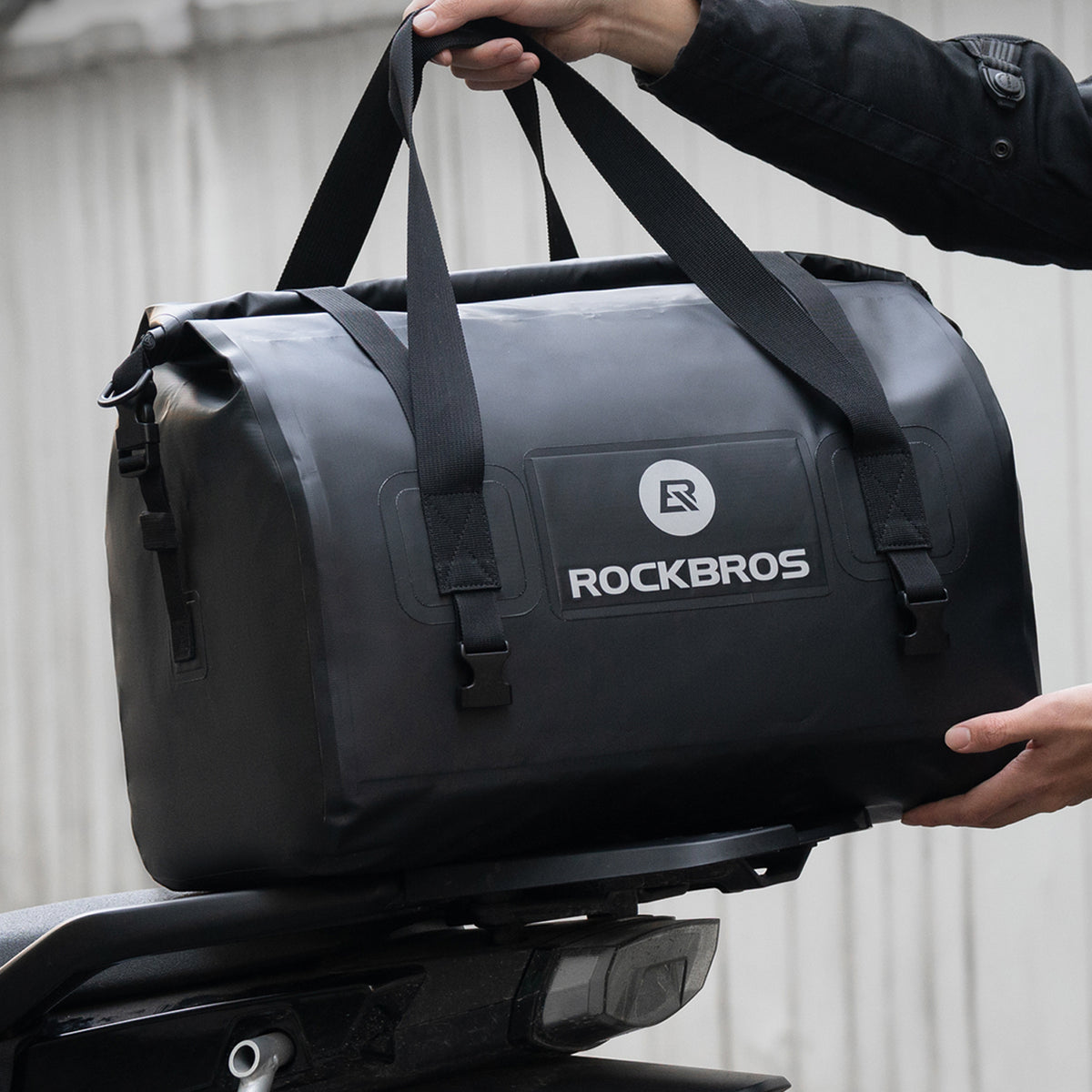 ROCKBROS 40L waterproof motorcycle rear tail bag mounted on a motorcycle tail rack