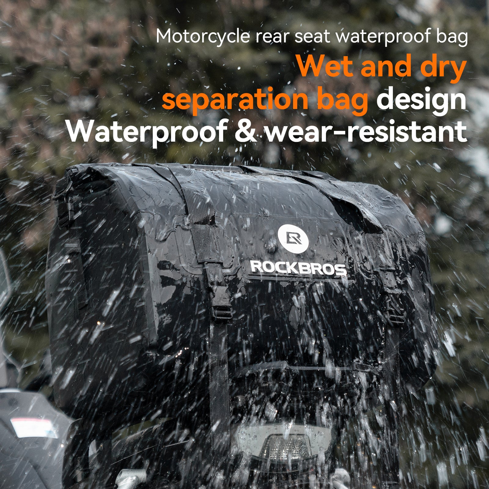 ROCKBROS 40L waterproof motorcycle rear tail bag mounted on a motorcycle tail rack