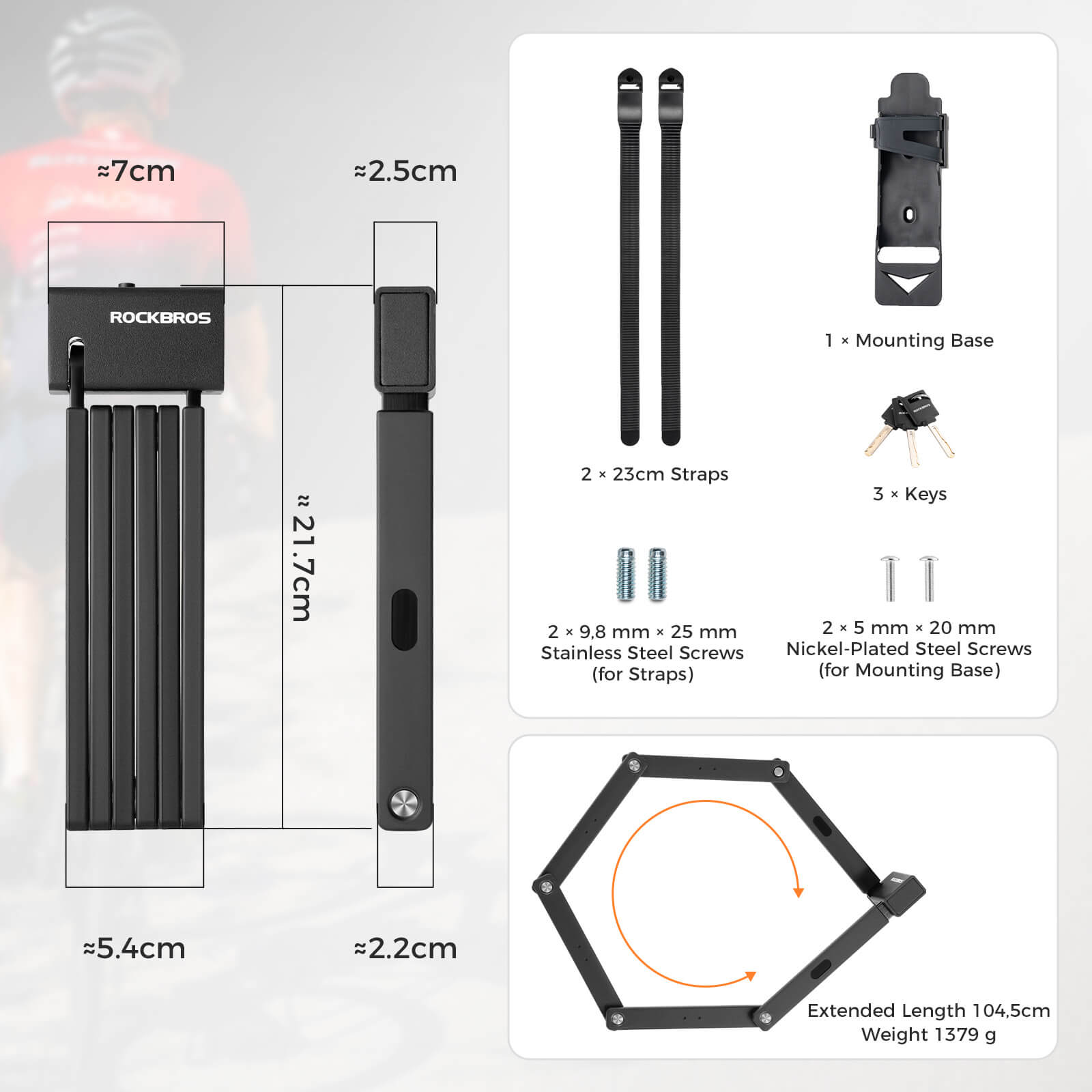 ROCKBROS 6-section foldable bike lock ART 3 certified for urban cycling.