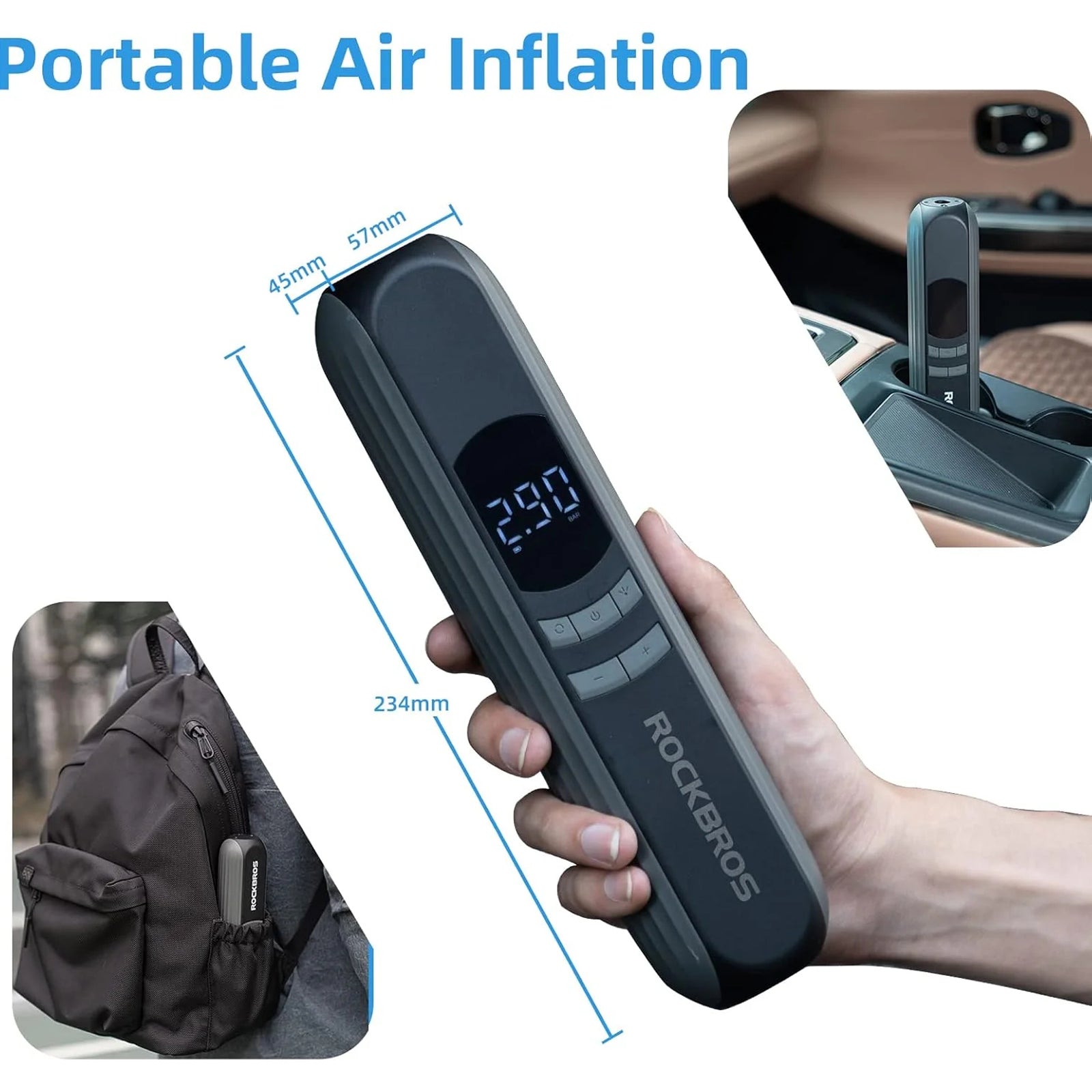 ROCKBROS A10 Portable Electric Bike Pump, 150PSI High Pressure Tire Inflator for Road and Mountain Bikes.