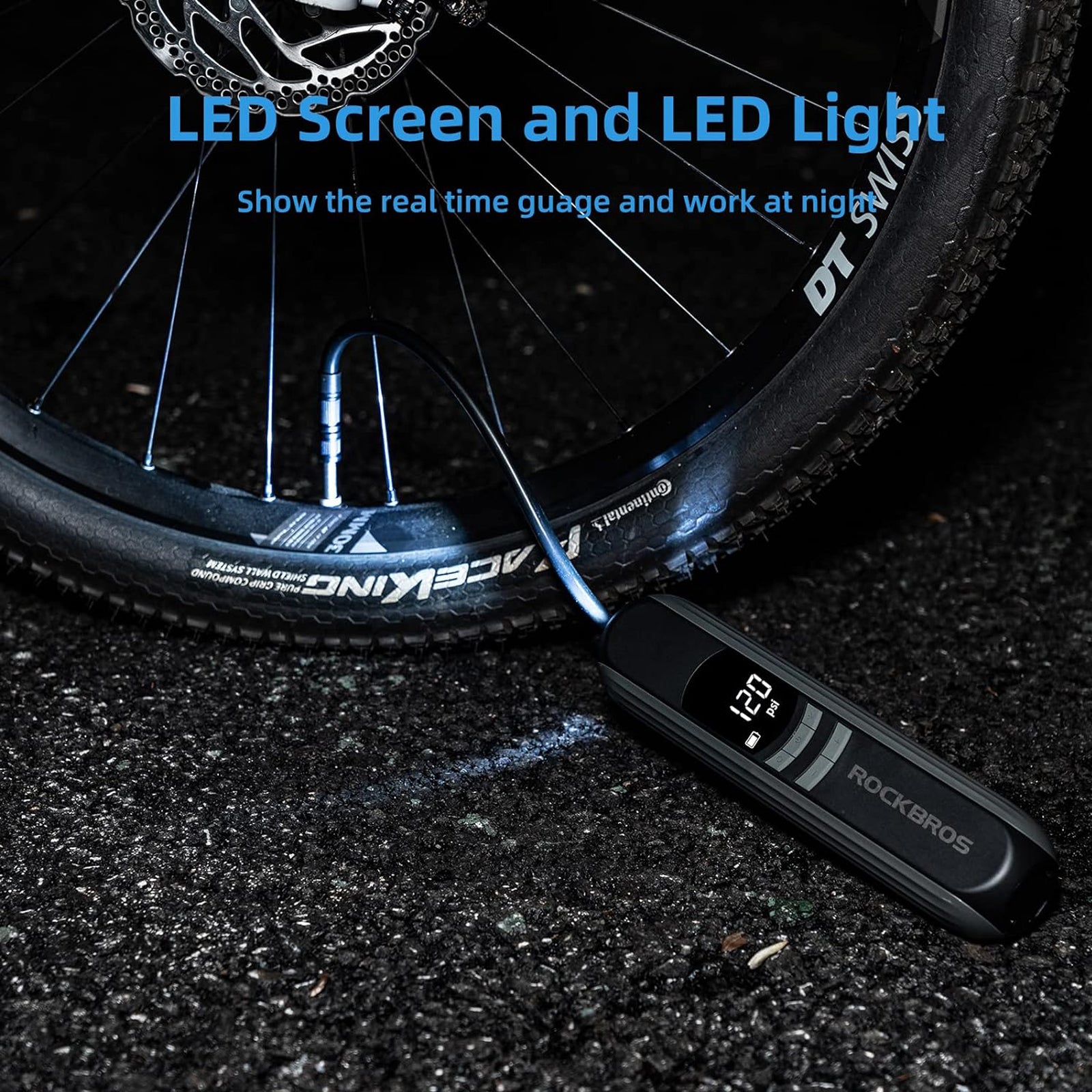 ROCKBROS A10 Portable Electric Bike Pump, 150PSI High Pressure Tire Inflator for Road and Mountain Bikes.