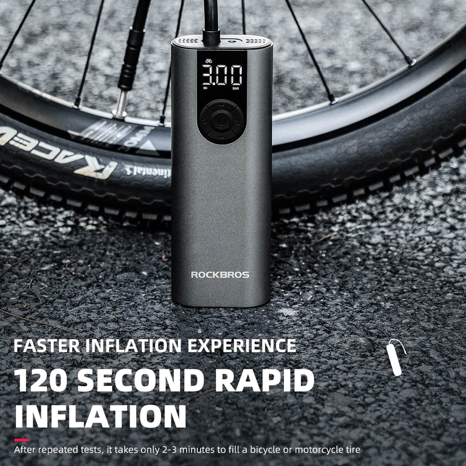 ROCKBROS A8 150PSI electric bike pump for road and mountain bikes