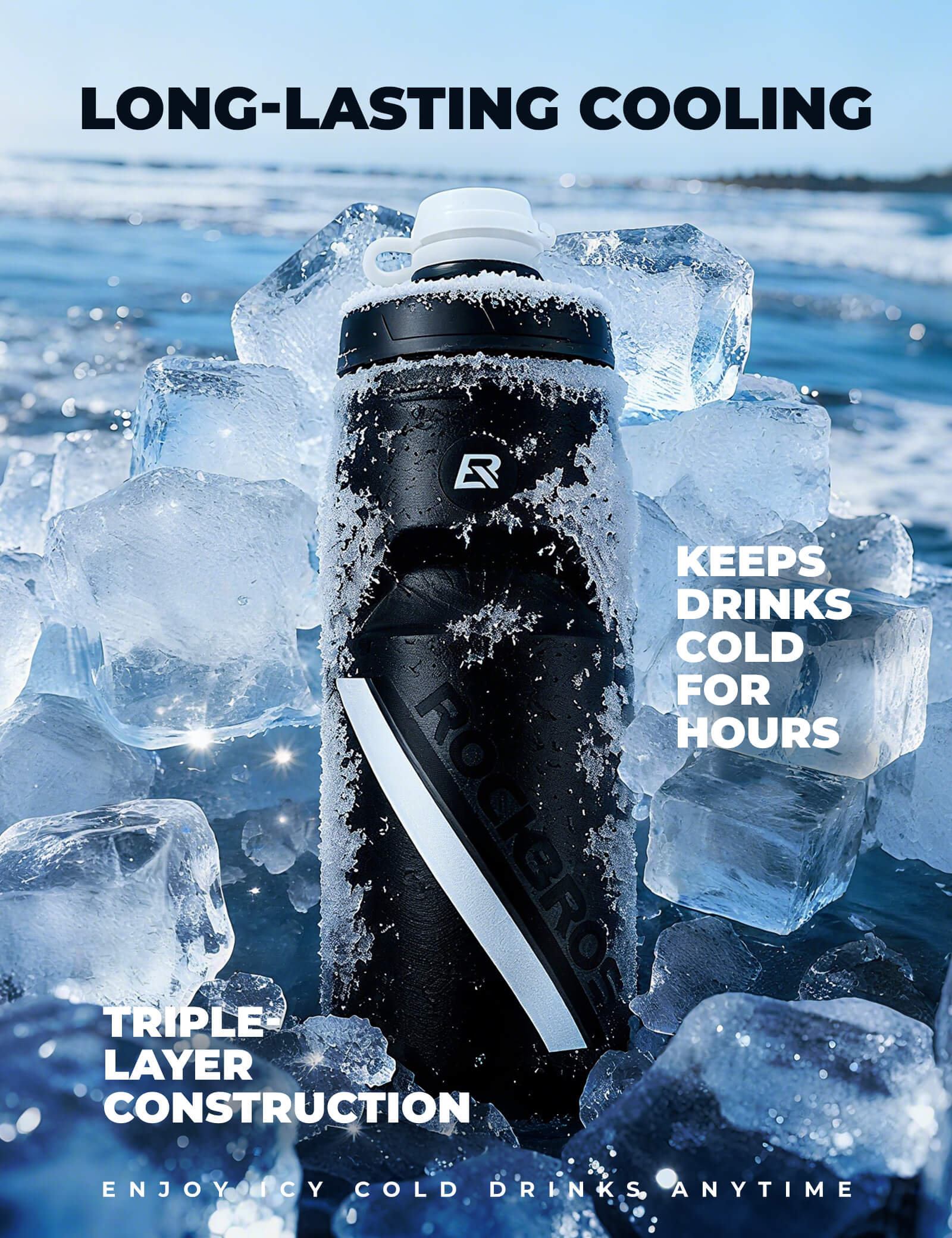 rockbros ActiveCool insulated water bottle for sports and outdoor activities.