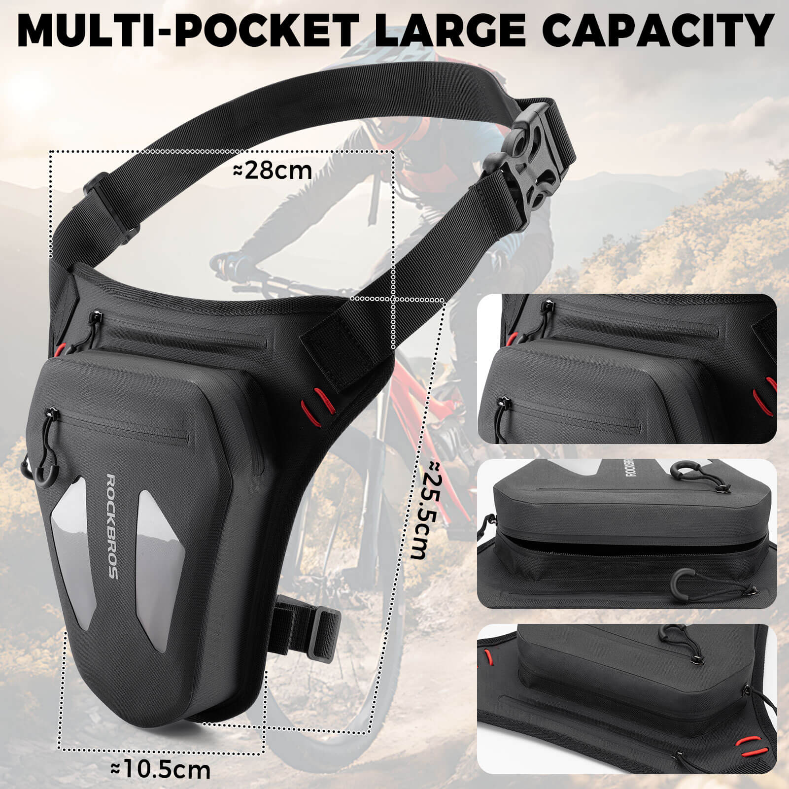 rockbros adjustable motorcycle leg bag for riders.