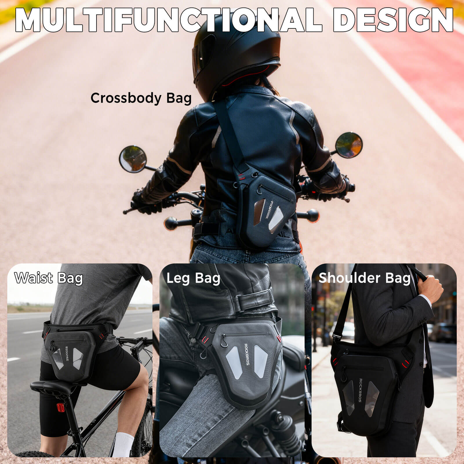 rockbros adjustable motorcycle leg bag for riders.