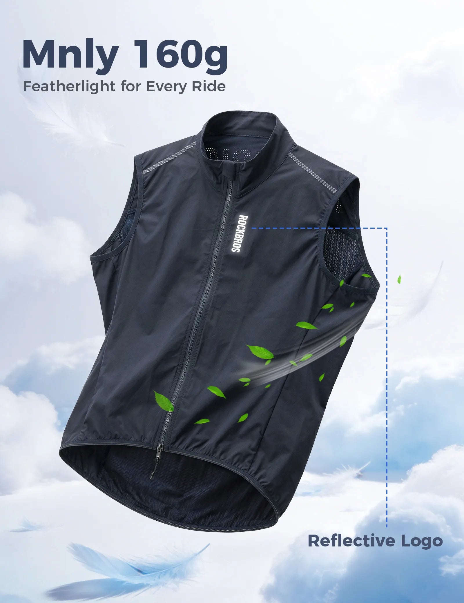 Rockbros AeroLite windproof cycling vest in black, unisex breathable sleeveless bike gilet front view.
#color_sky blue