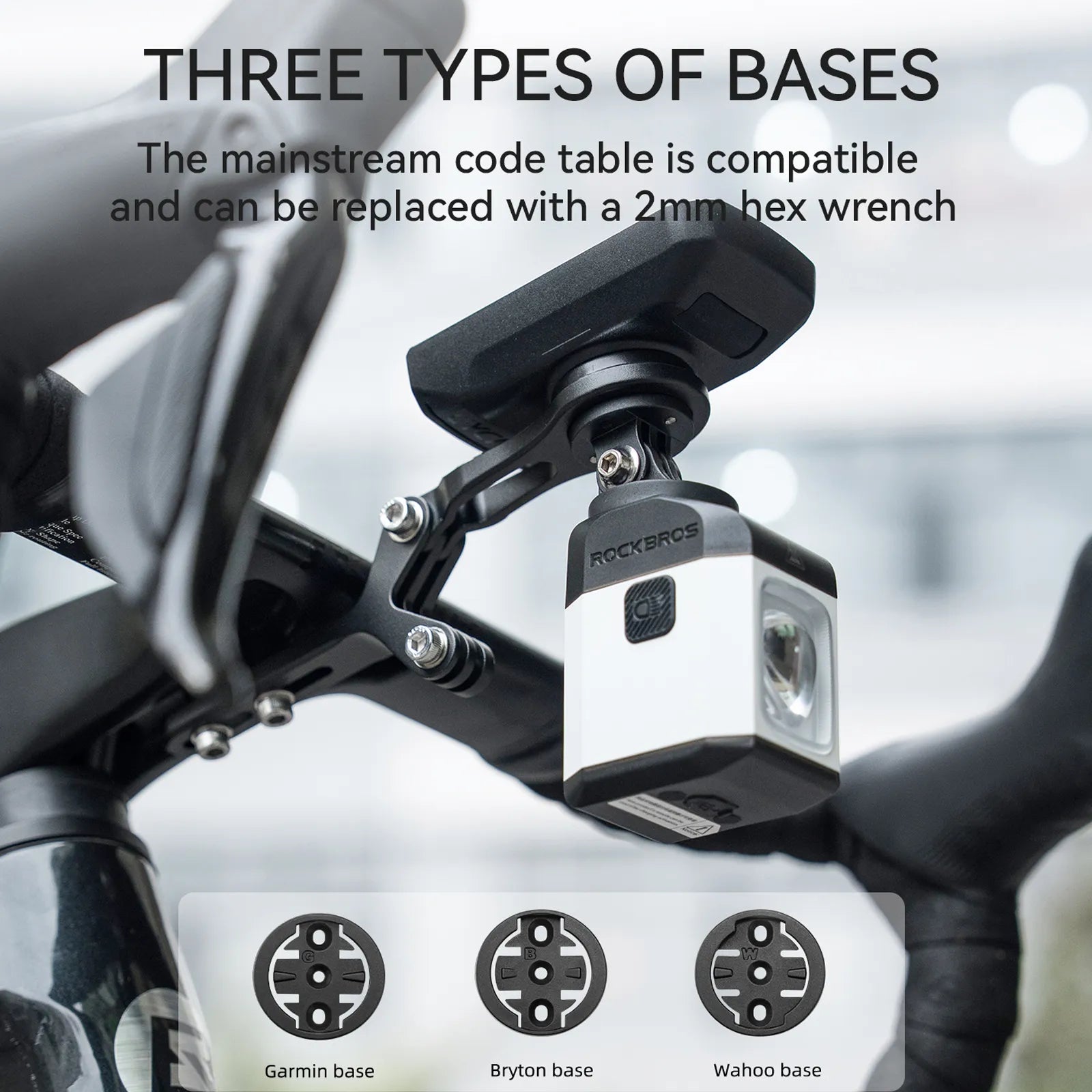 Rockbros aluminium bike computer mount with integrated action camera extension bracket, front view