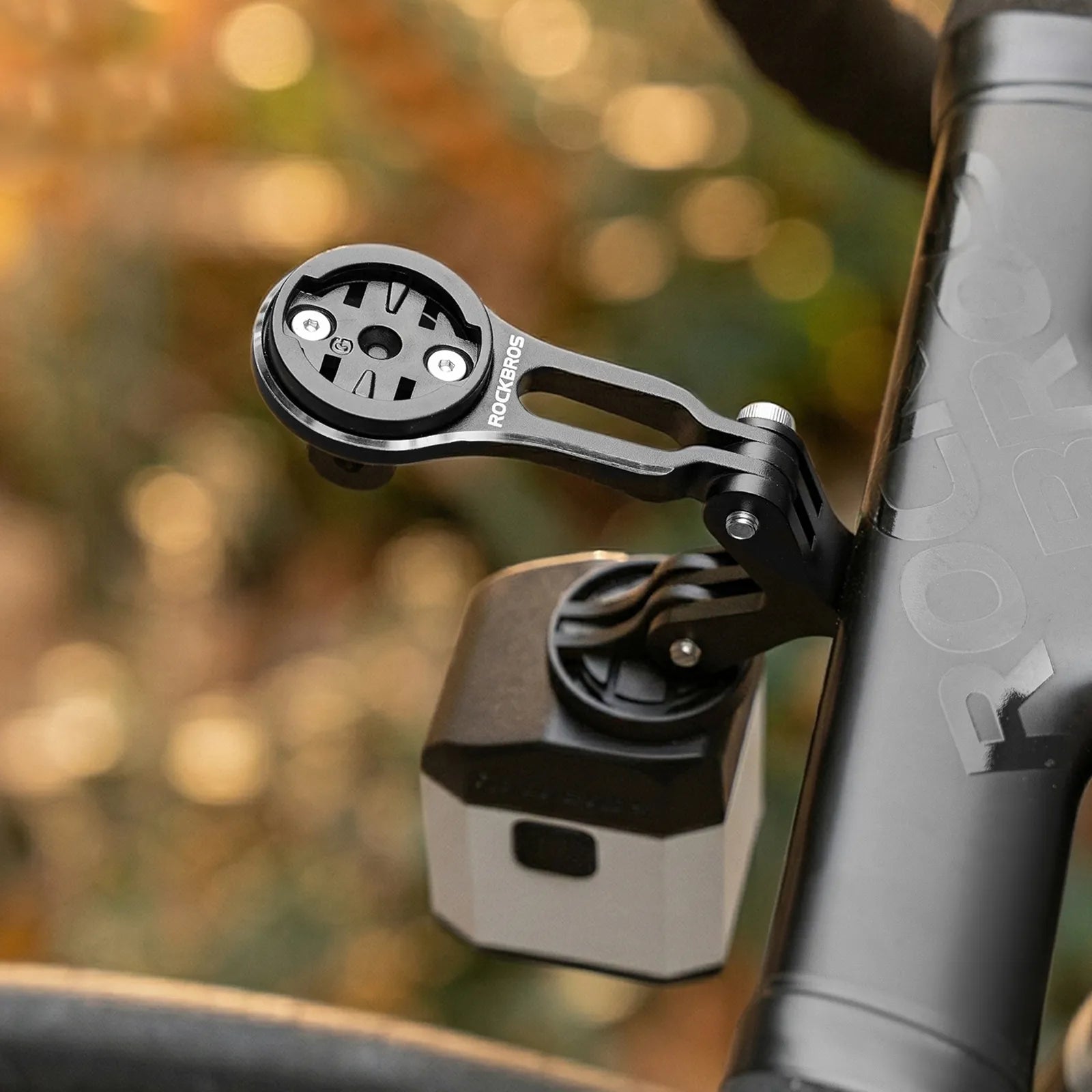 Rockbros aluminium bike computer mount with integrated action camera extension bracket, front view