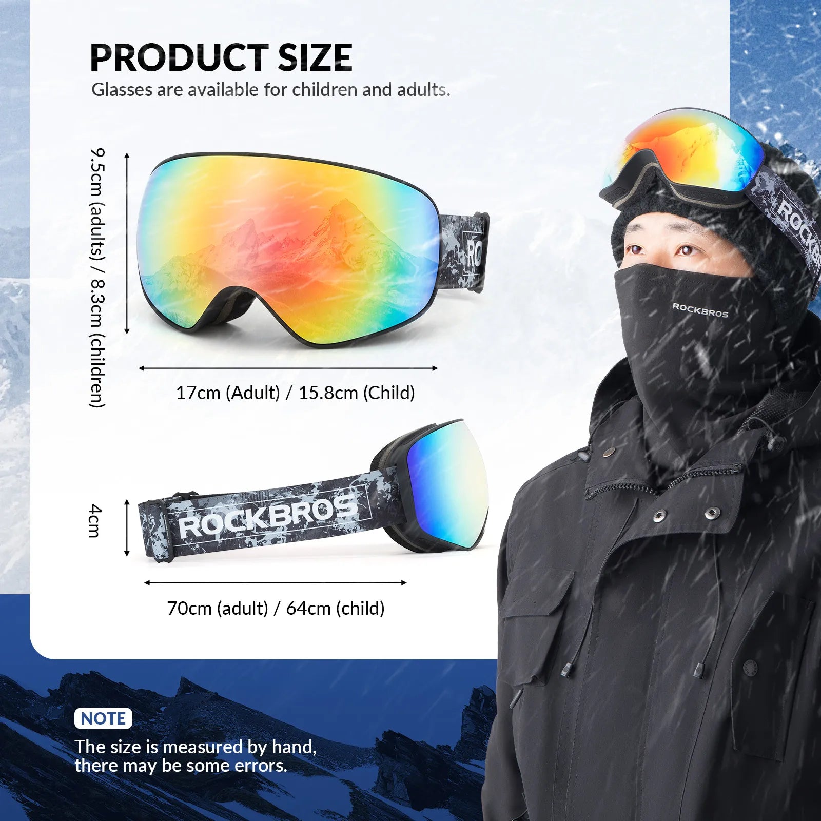 Rockbros family edition anti-fog ski goggles with double lens for adults and kids.
#color_black