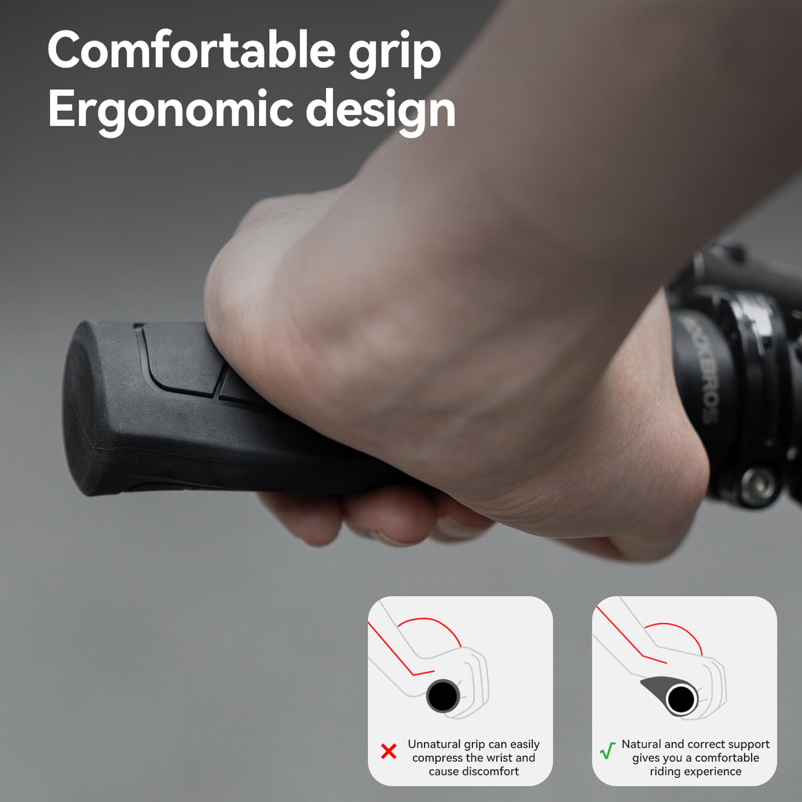 Pair of Rockbros anti-shock bicycle grips with ergonomic palm support in black.