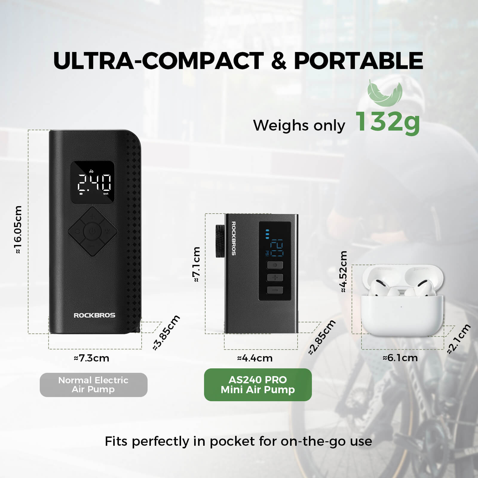 rockbros AS240 air pump compatible with Presta and Schrader valves.