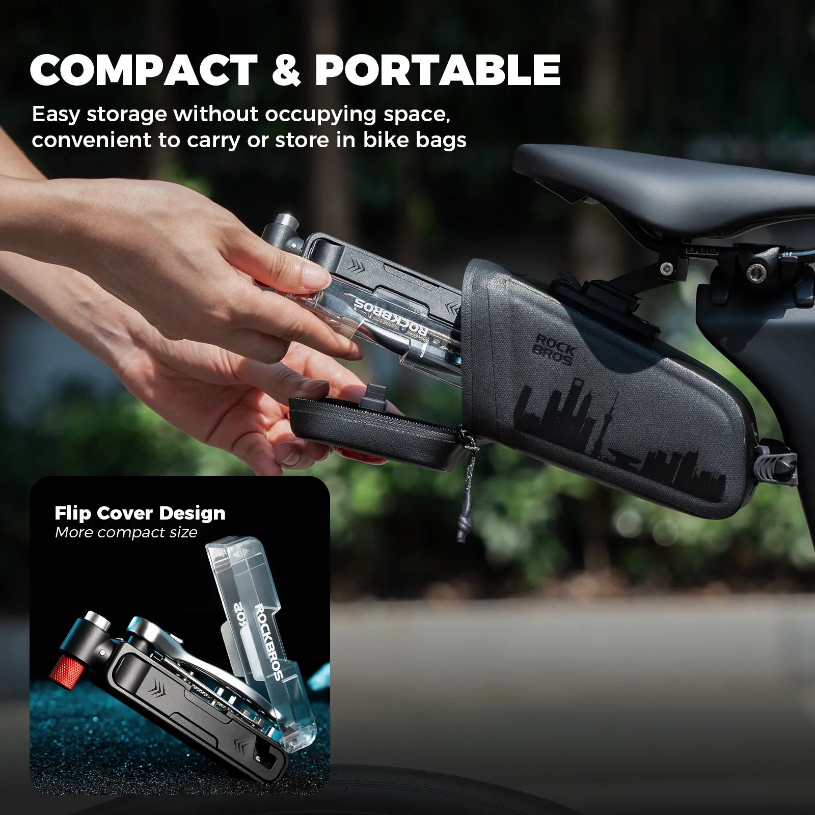 ROCKBROS 15-in-1 compact bike repair tool with replaceable bits.