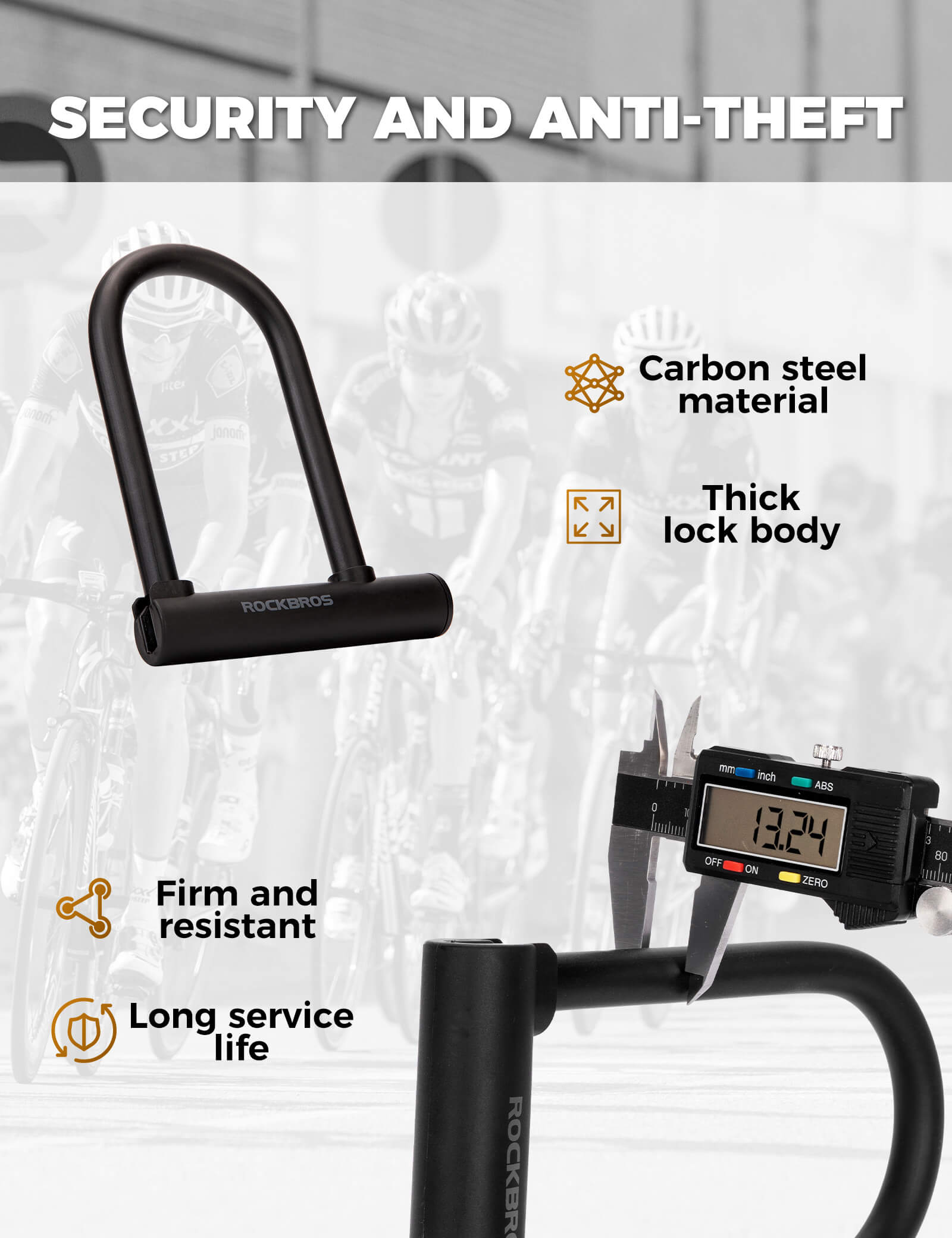 ROCKBROS Heavy Duty Bike U-Lock, Anti-Theft High Security Steel D-Lock with 2 Keys for Road and Mountain Bikes.