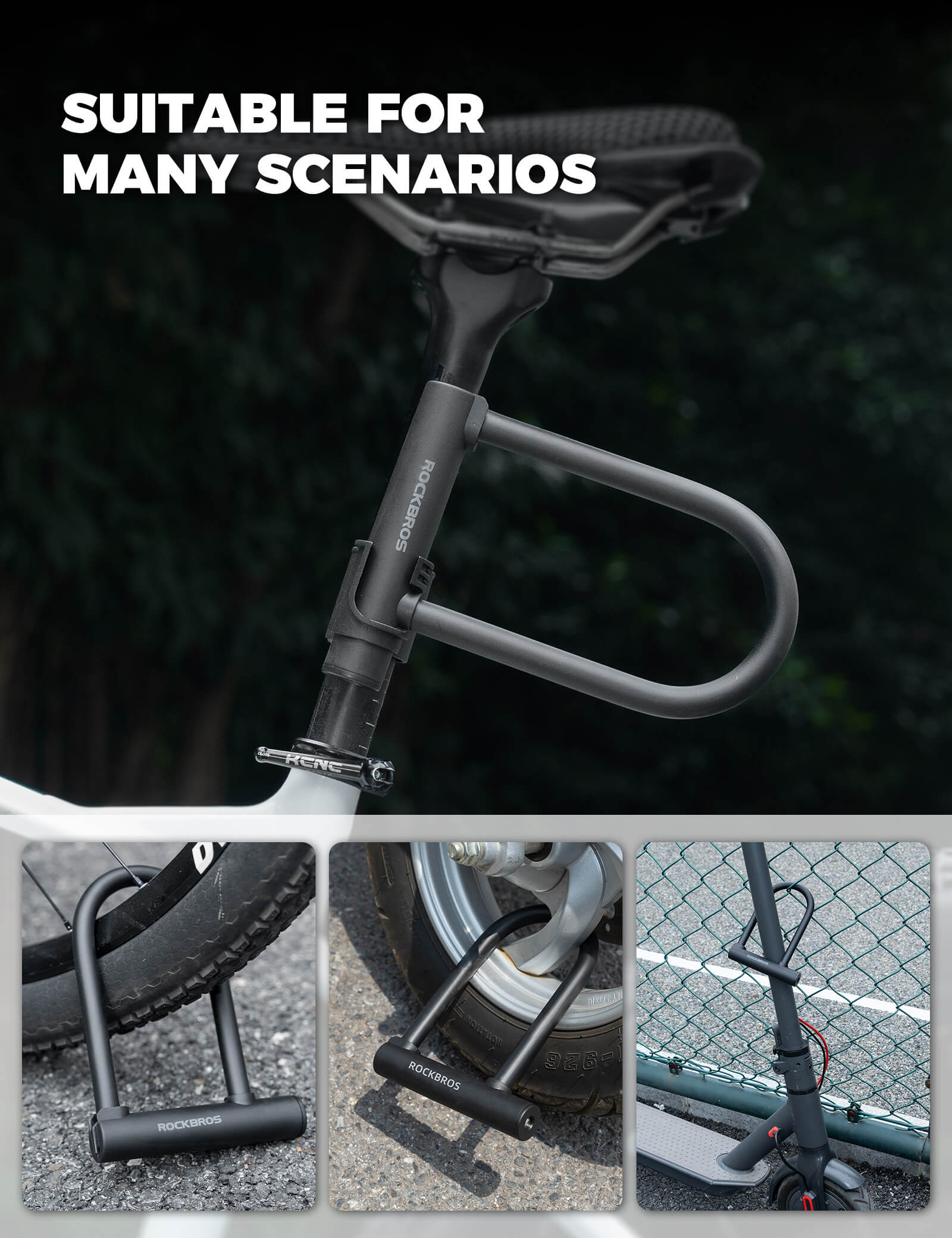 ROCKBROS Heavy Duty Bike U-Lock, Anti-Theft High Security Steel D-Lock with 2 Keys for Road and Mountain Bikes.