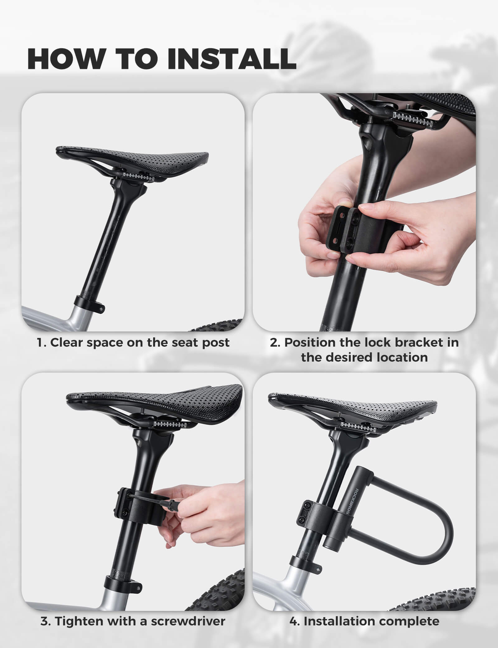 ROCKBROS Heavy Duty Bike U-Lock, Anti-Theft High Security Steel D-Lock with 2 Keys for Road and Mountain Bikes.