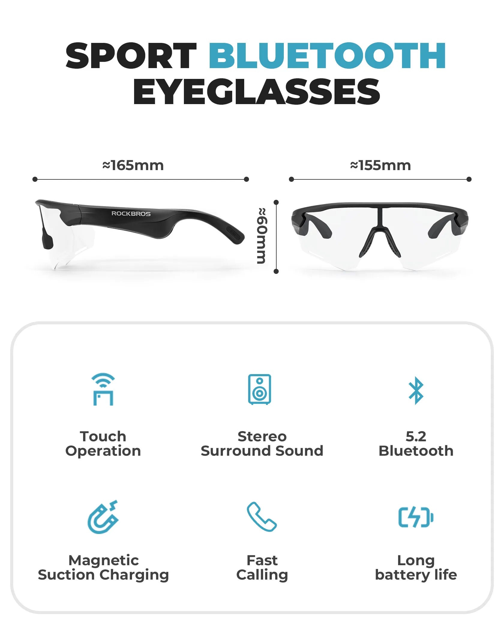 ROCKBROS Bluetooth polarized cycling sunglasses with built-in speakers.
#options_Photochromic Black