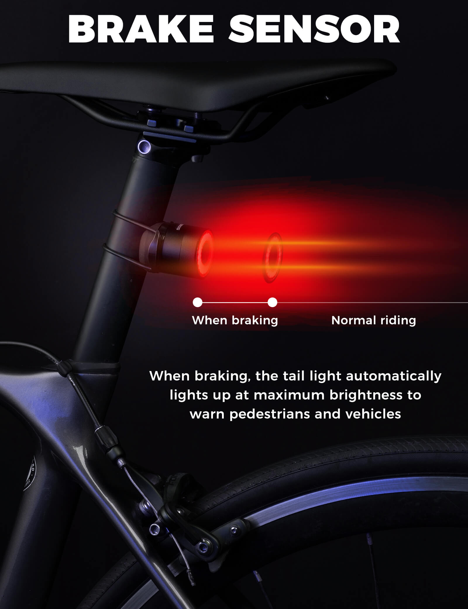 rockbros brake-sensing bike rear light for night cycling safety.
