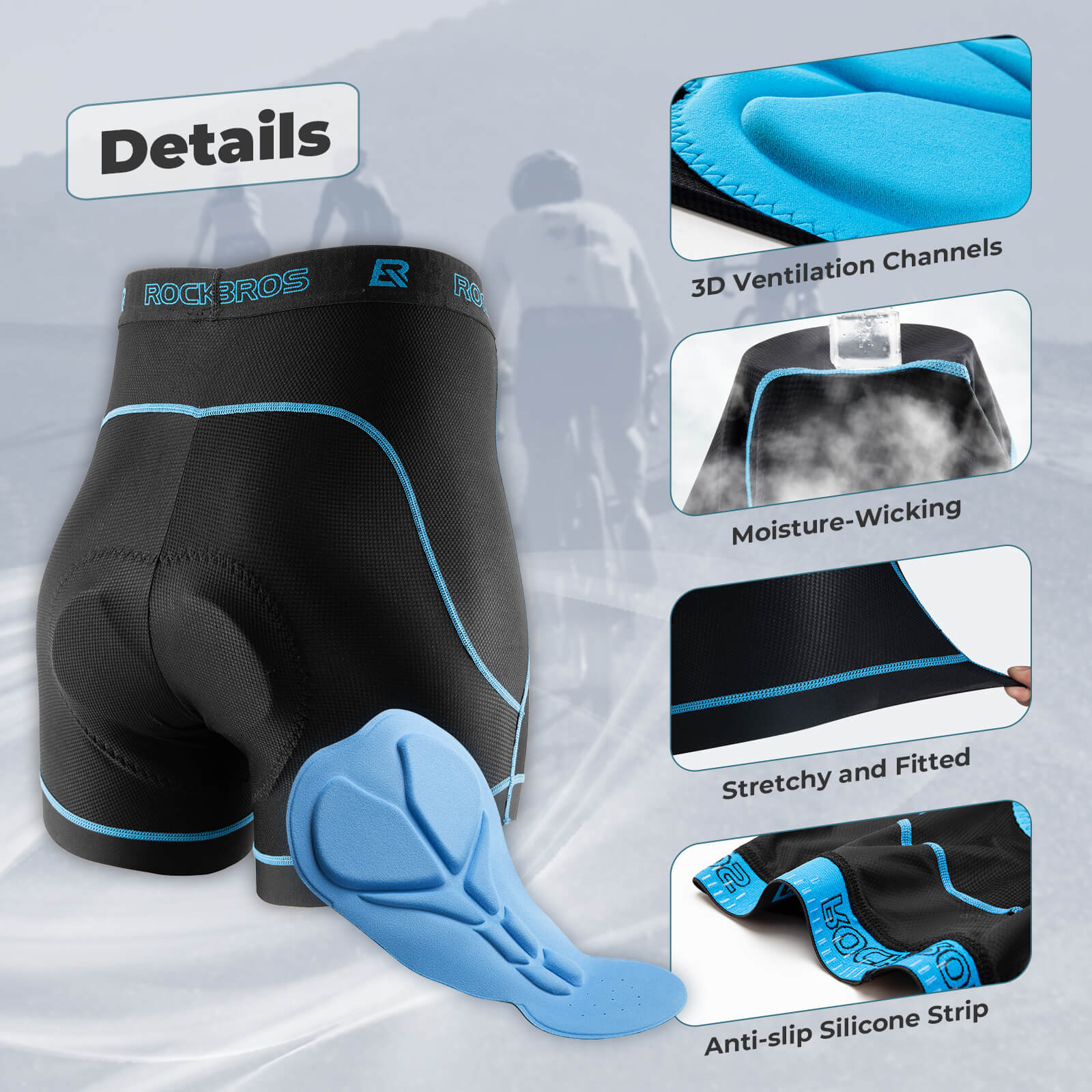 rockbros breathable padded cycling underwear for men anti-chafing liner shorts.