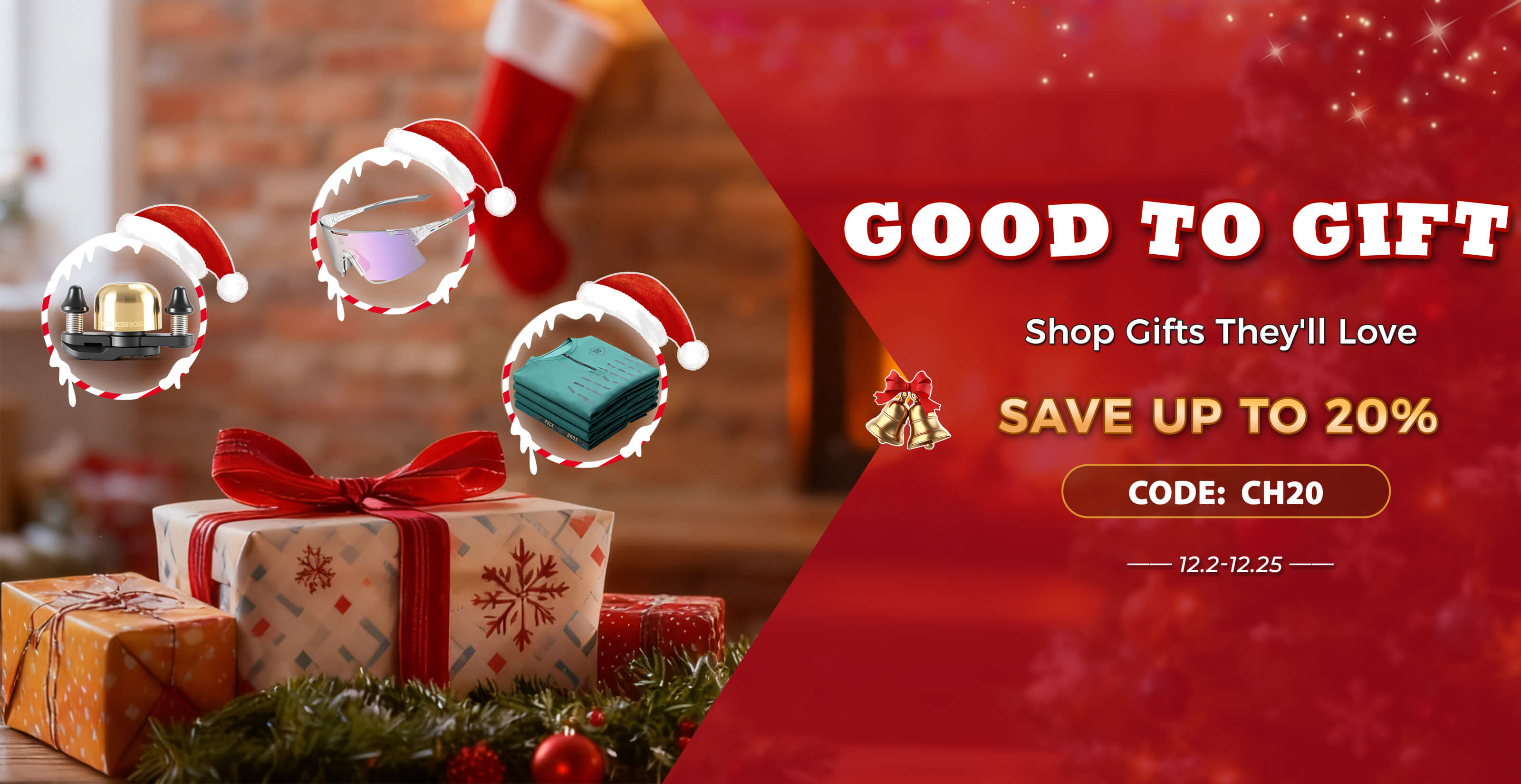 ROCKBROS Christmas 20% Off Sale Graphic for Holiday Shopping.