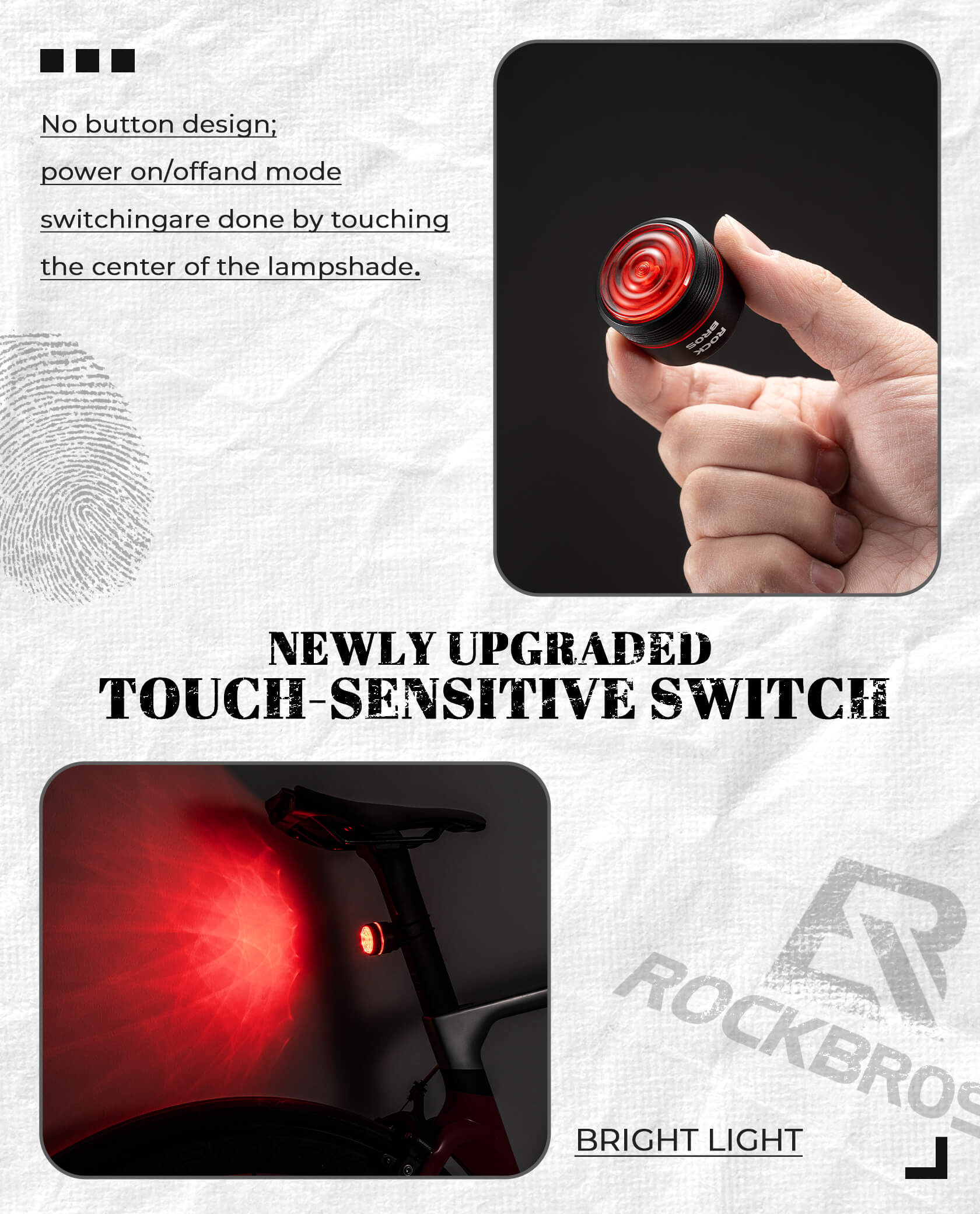 rockbros circular brake sensor bike rear light for road and mtb cycling.