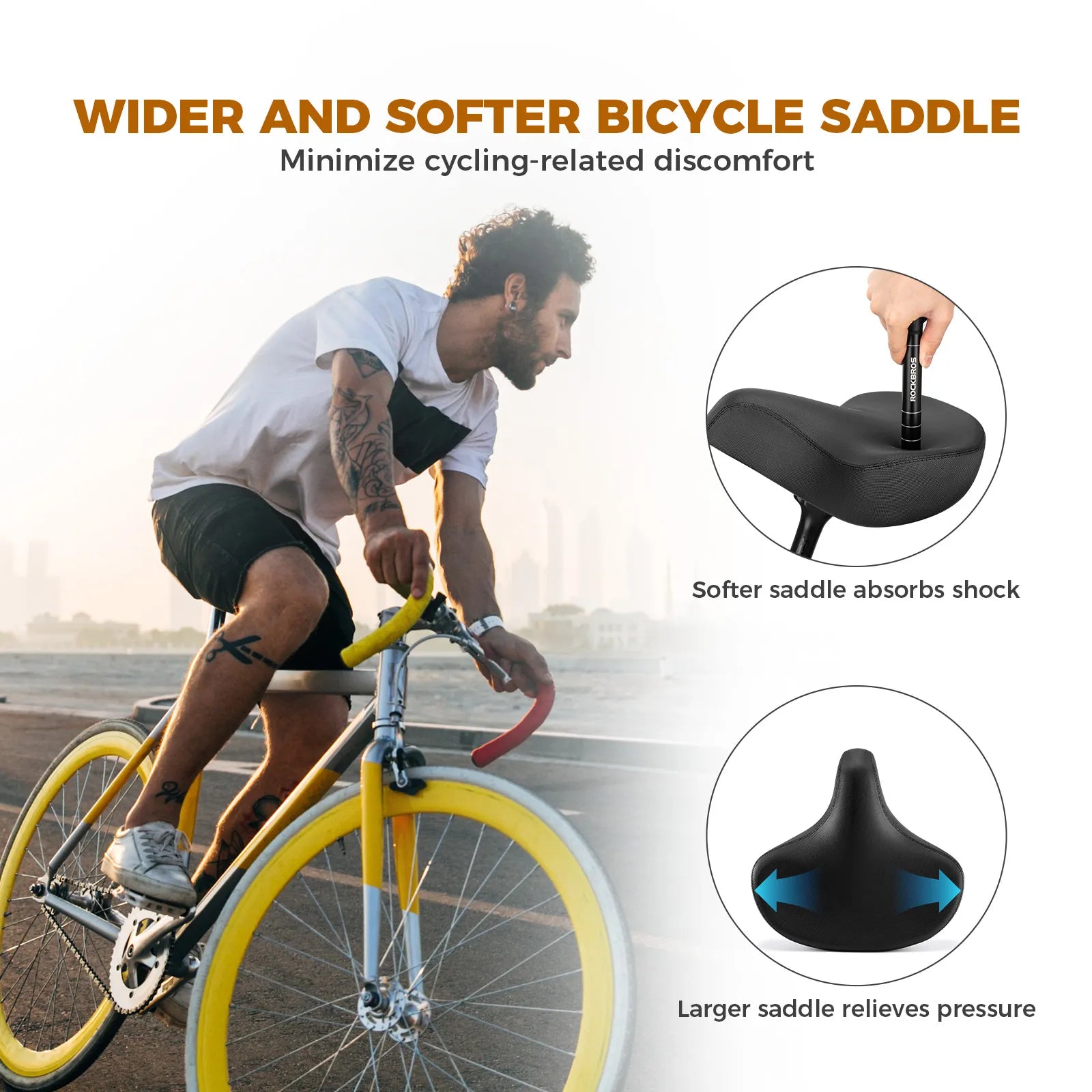 Rockbros ComfortMax extra wide bike saddle for comfortable commuting and city riding.