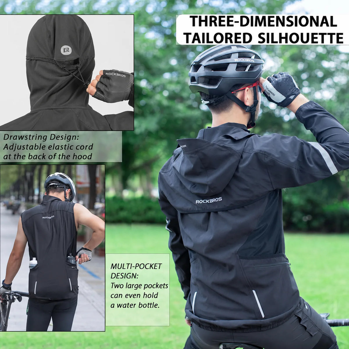 Black ROCKBROS convertible cycling jacket with long sleeves, hood and reflective arm details