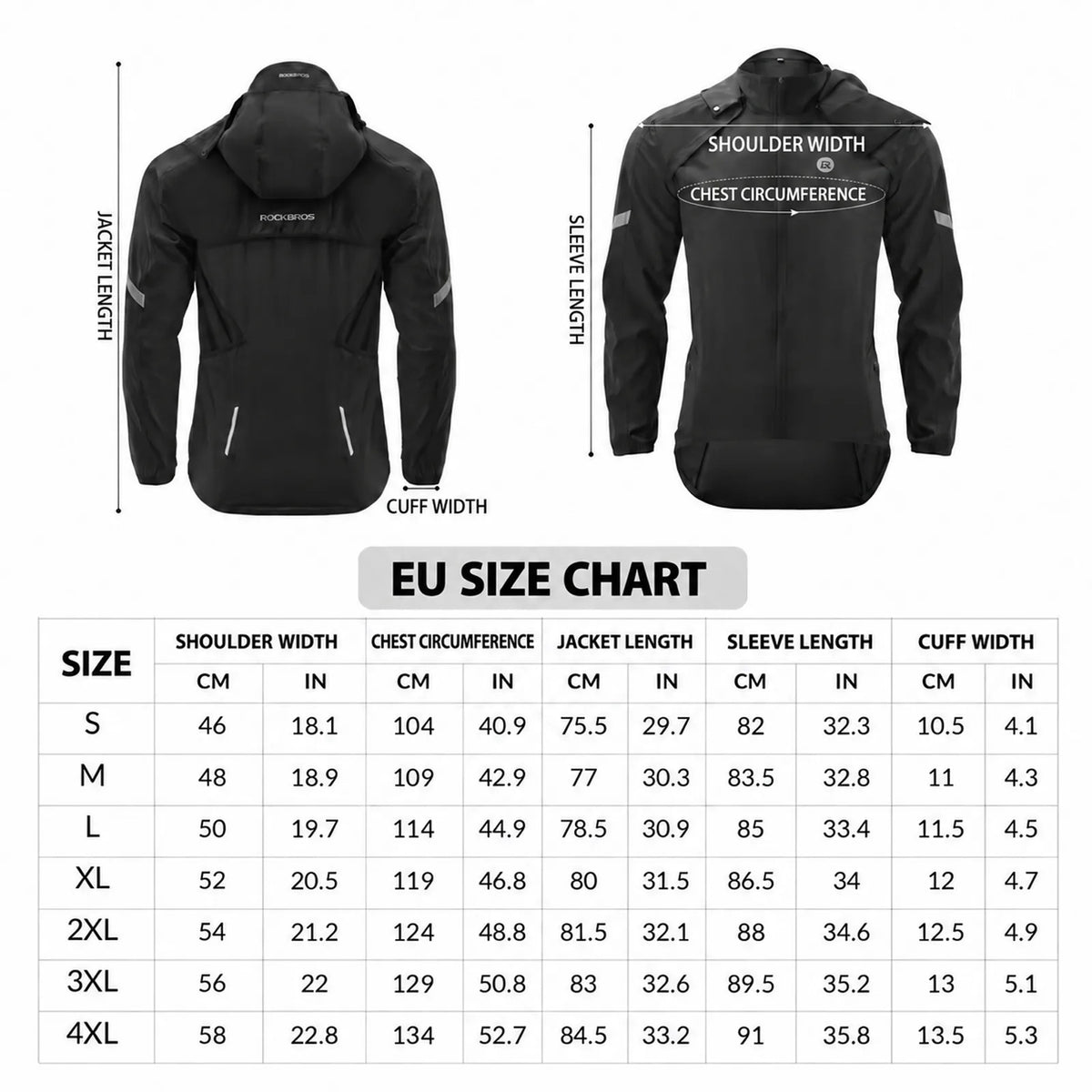 Black ROCKBROS convertible cycling jacket with long sleeves, hood and reflective arm details