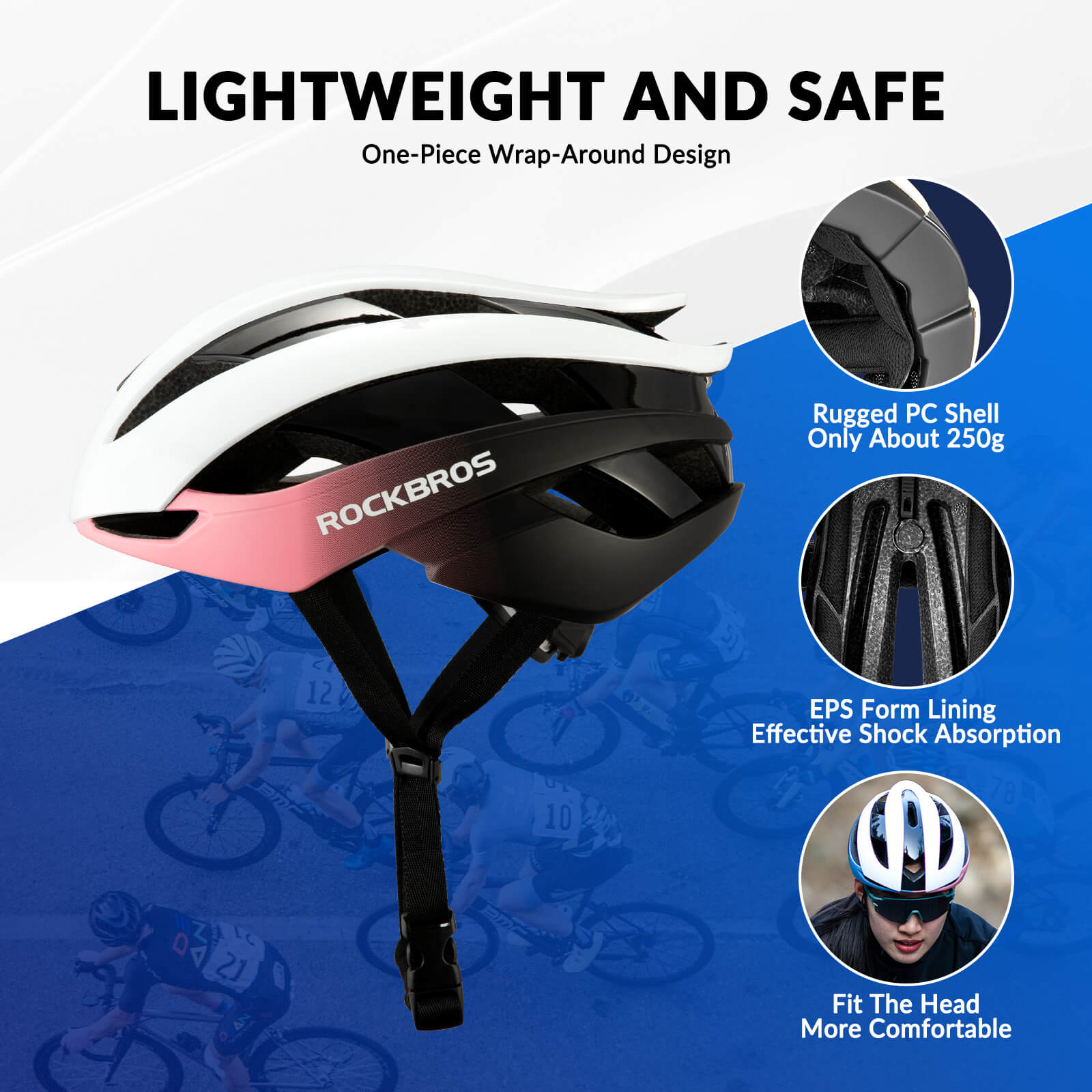 rockbros lightweight cycling helmet for road and mountain riding safety.
#color_pink