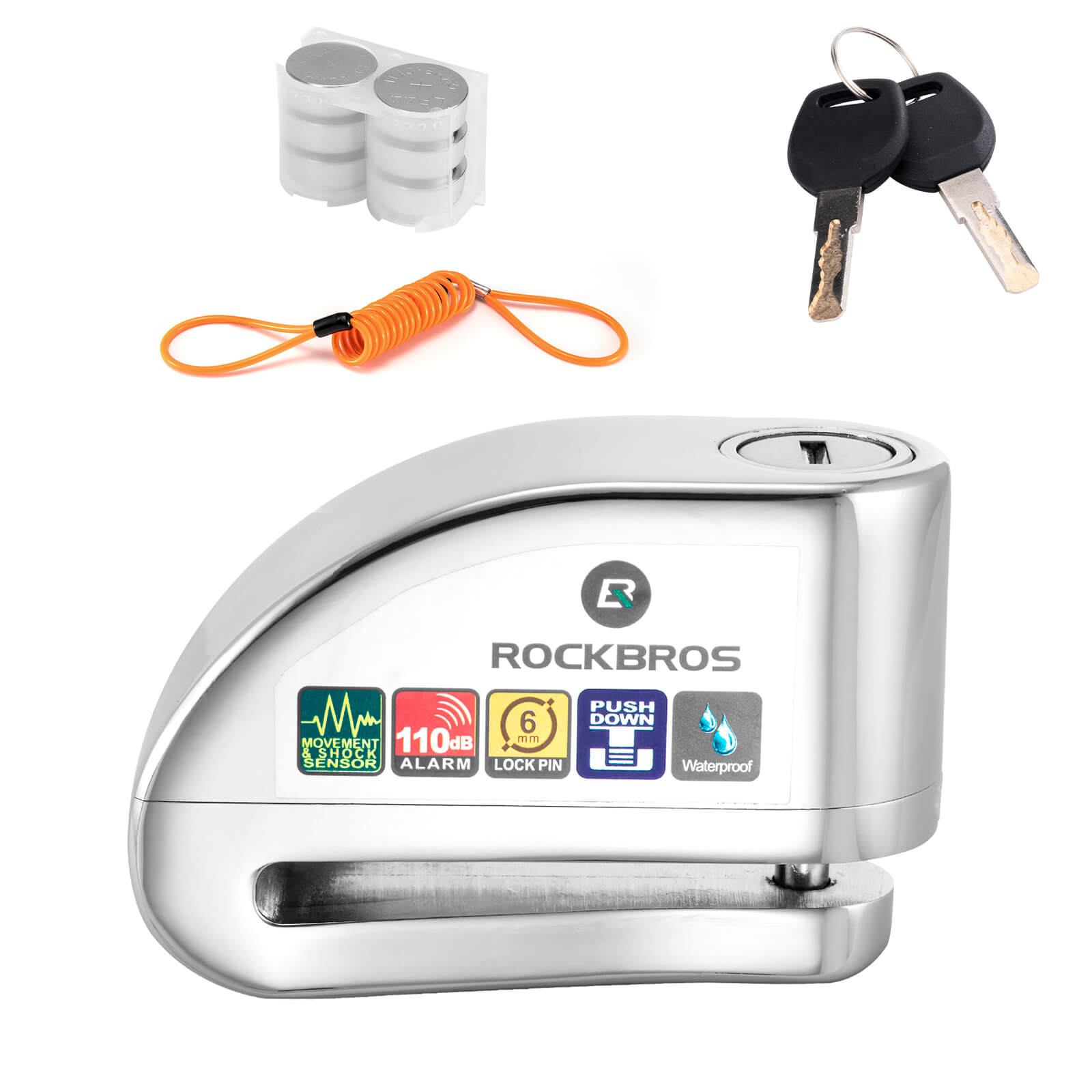 rockbros 110dB disc brake lock with alarm and reminder cable for motorcycle and bike security.
