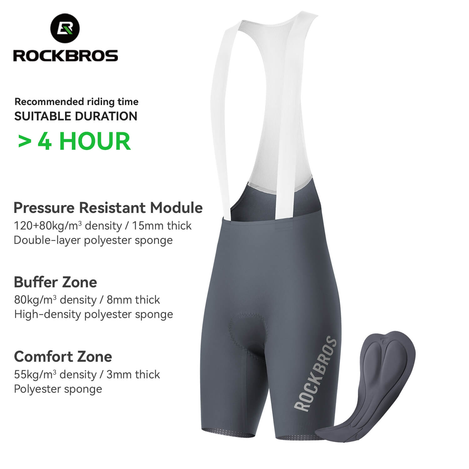 rockbros lightweight summer cycling bib shorts with dolomiti pad for endurance rides
#color_gray
