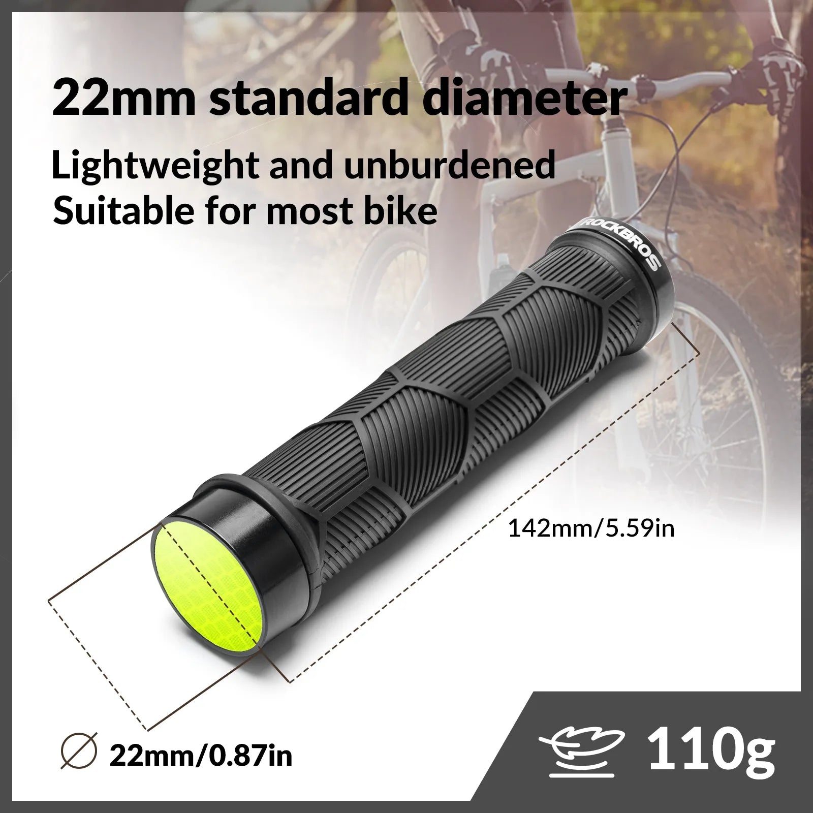 ROCKBROS double lock-on bike handlebar grips for 22.2mm bars, anti-slip rubber bicycle grips.
#color_black