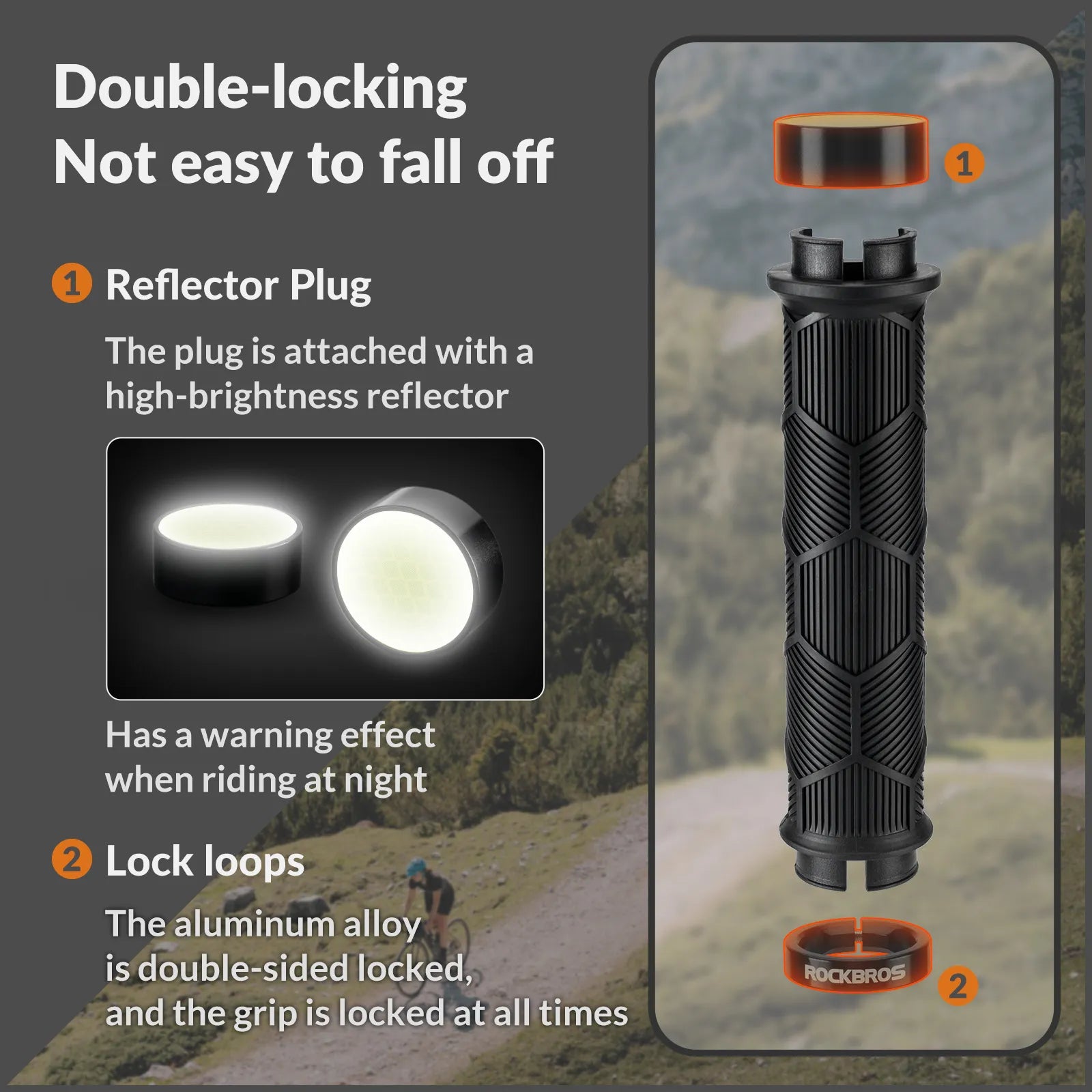 ROCKBROS double lock-on bike handlebar grips for 22.2mm bars, anti-slip rubber bicycle grips.
#color_black