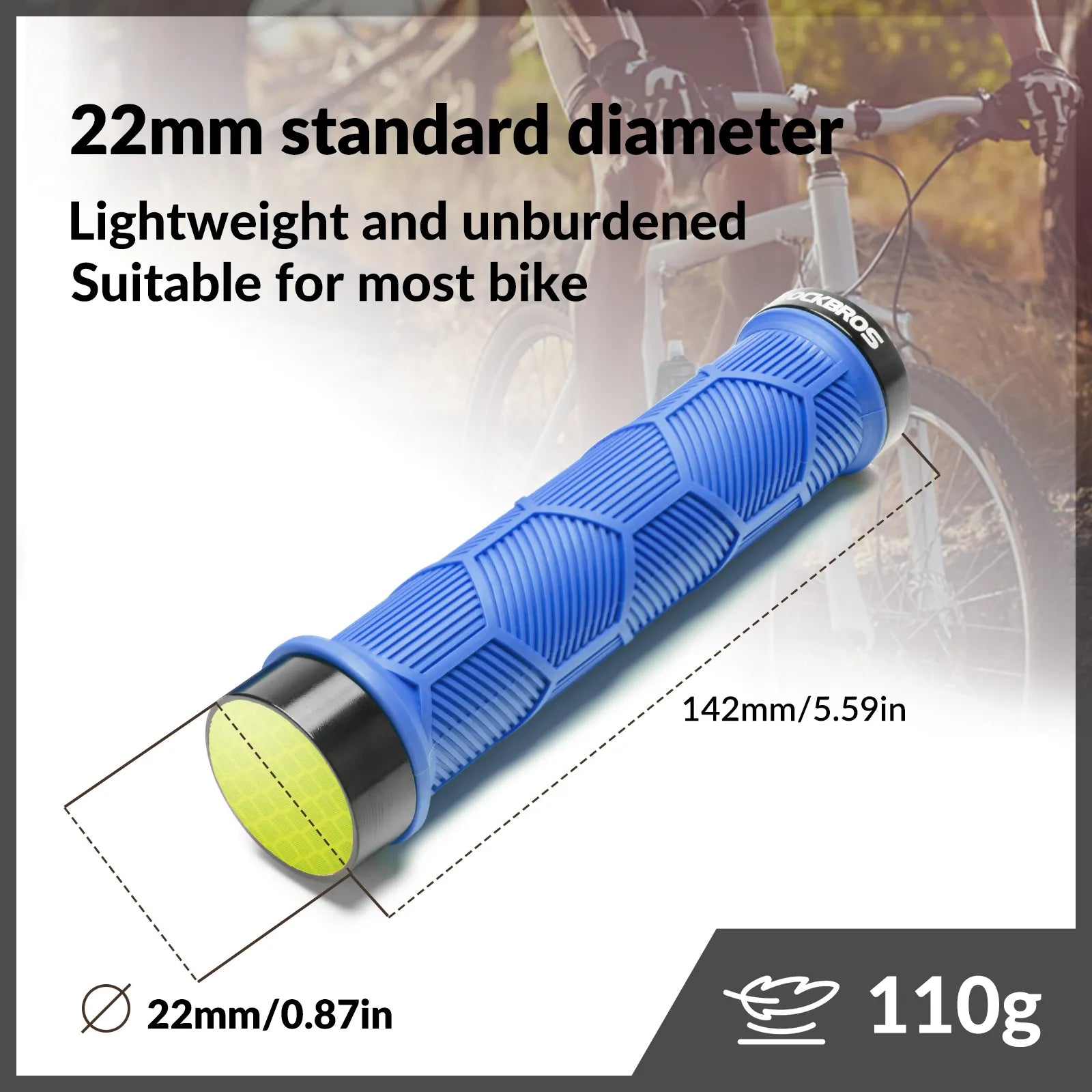 ROCKBROS double lock-on bike handlebar grips for 22.2mm bars, anti-slip rubber bicycle grips.
#color_blue