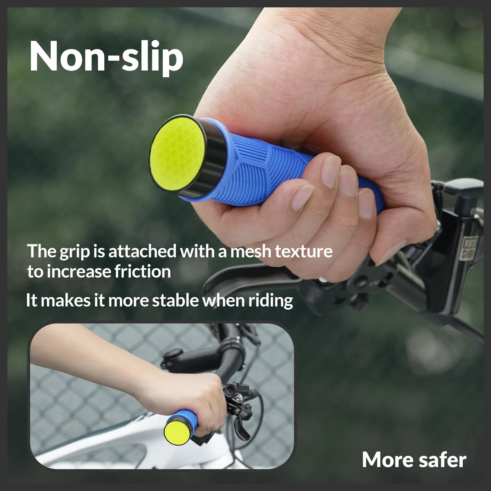 ROCKBROS double lock-on bike handlebar grips for 22.2mm bars, anti-slip rubber bicycle grips.
#color_blue