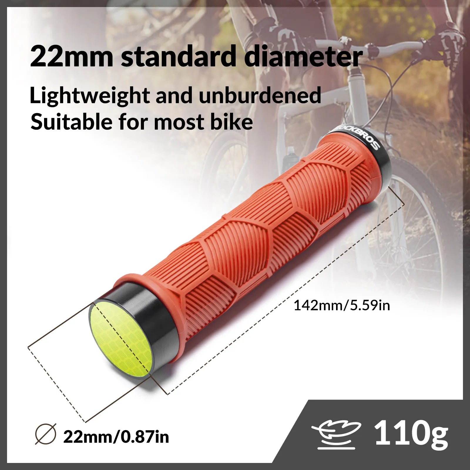 ROCKBROS double lock-on bike handlebar grips for 22.2mm bars, anti-slip rubber bicycle grips.
#color_orange