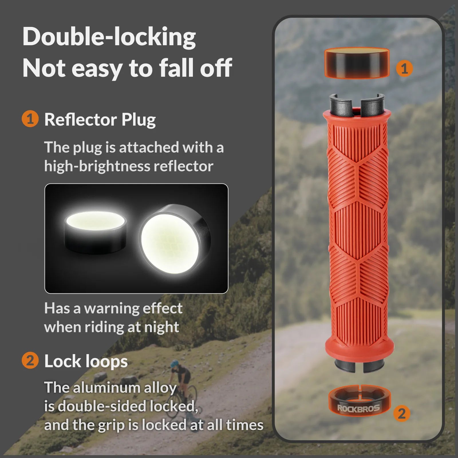 ROCKBROS double lock-on bike handlebar grips for 22.2mm bars, anti-slip rubber bicycle grips.
#color_orange