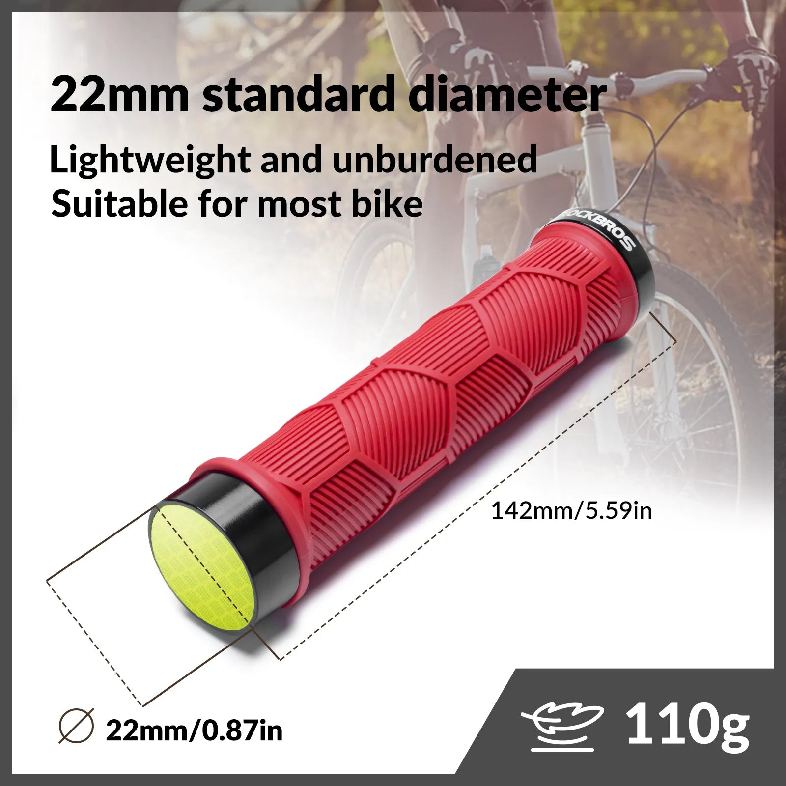 ROCKBROS double lock-on bike handlebar grips for 22.2mm bars, anti-slip rubber bicycle grips.
#color_red