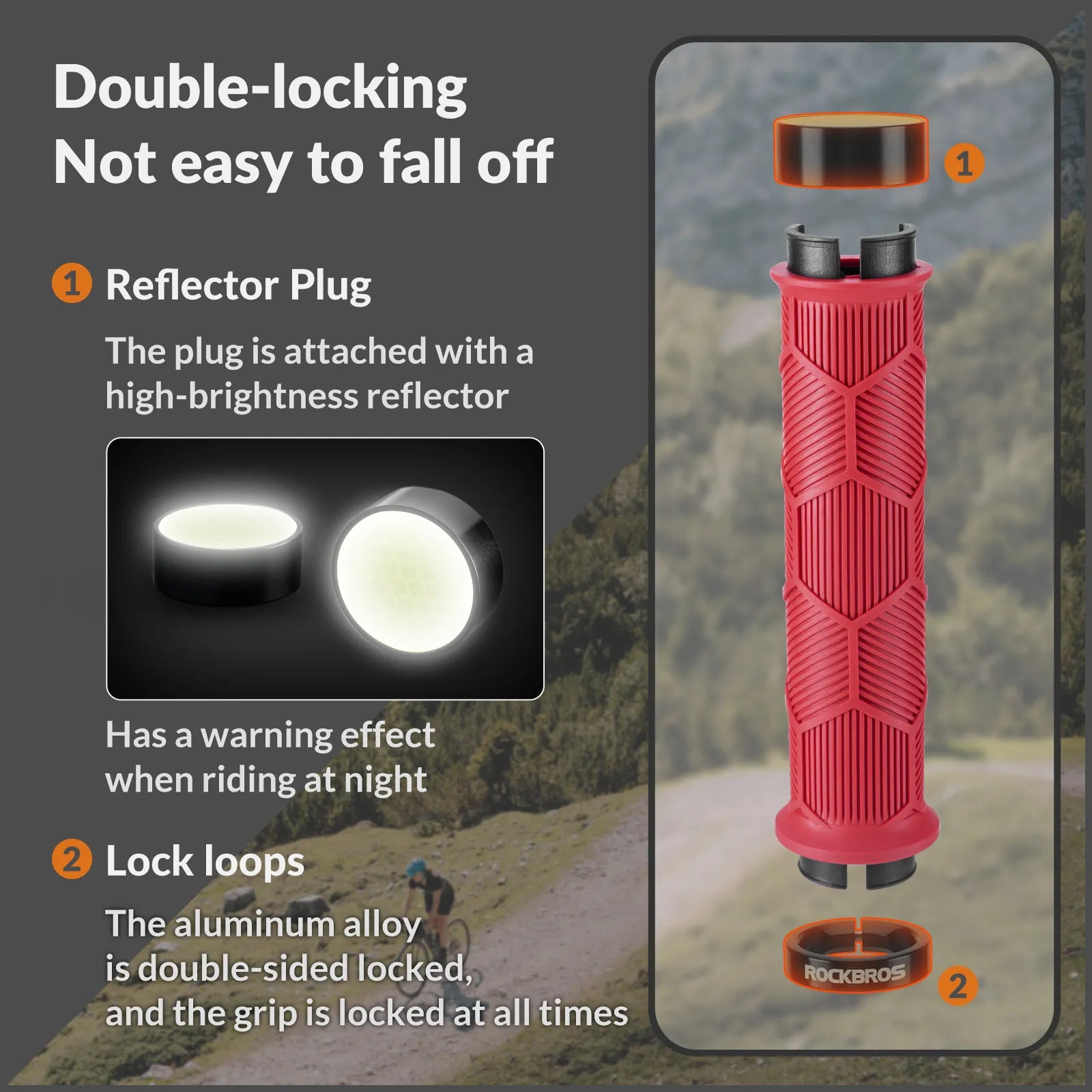 ROCKBROS double lock-on bike handlebar grips for 22.2mm bars, anti-slip rubber bicycle grips.
#color_red