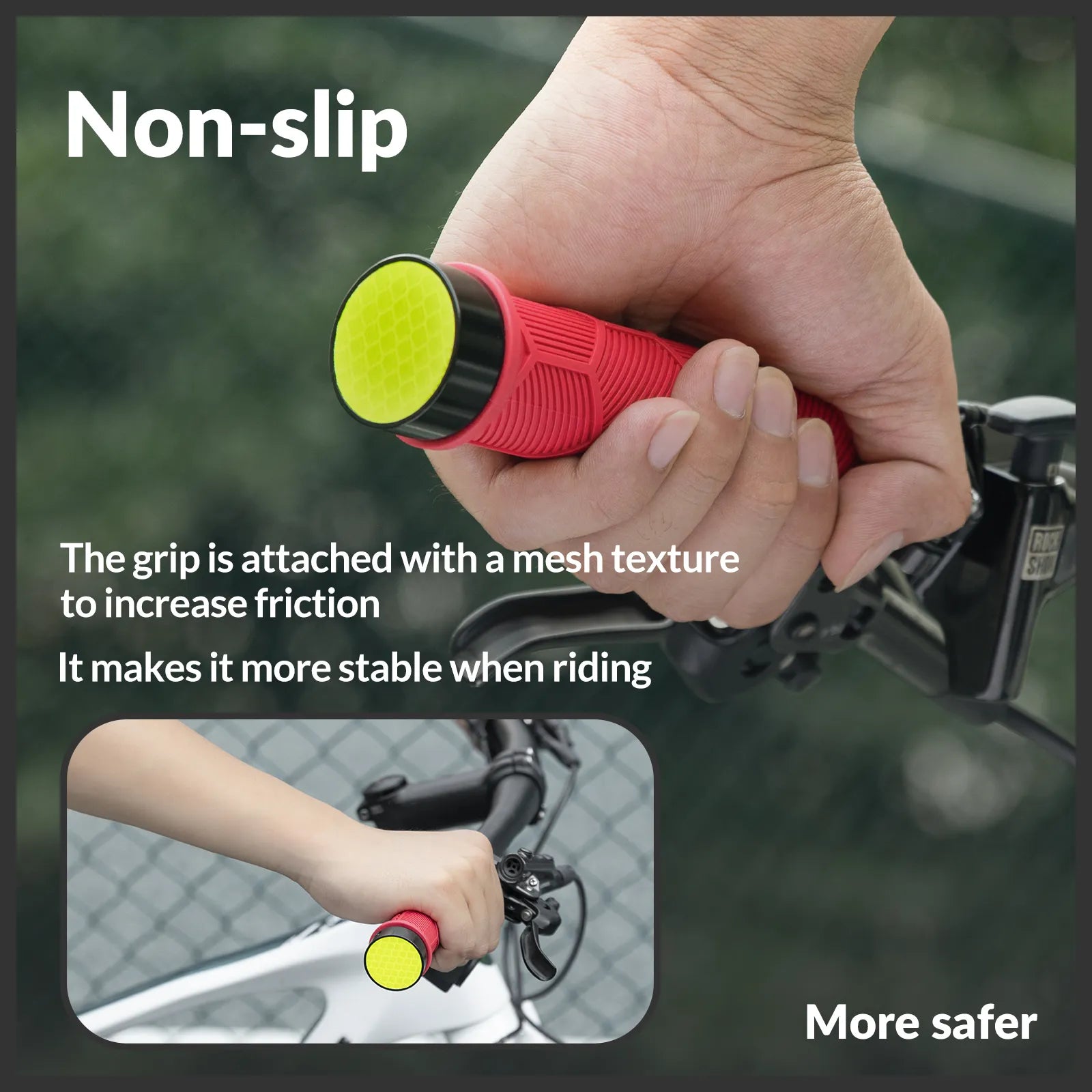 ROCKBROS double lock-on bike handlebar grips for 22.2mm bars, anti-slip rubber bicycle grips.
#color_red