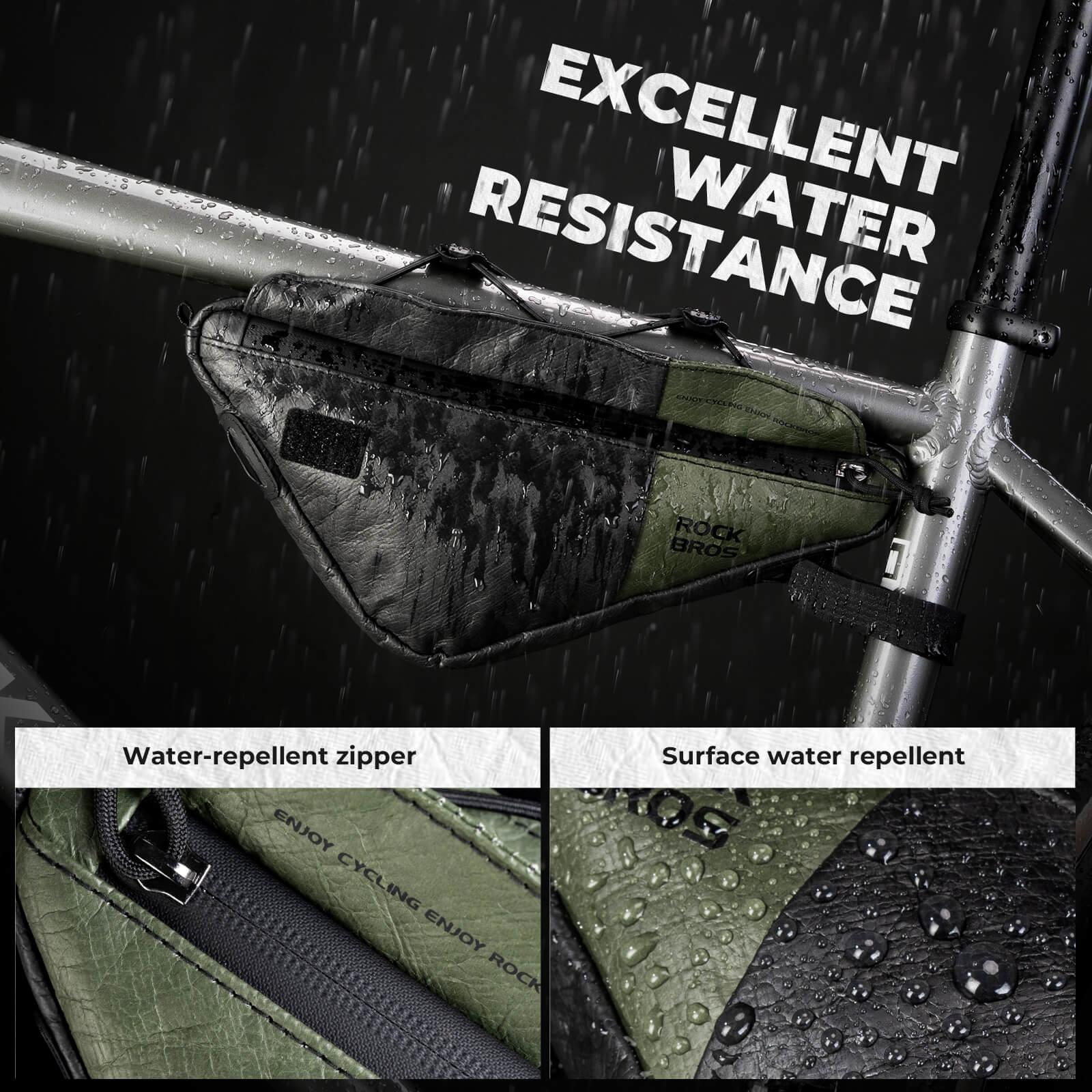 rockbros green triangle frame bag 0.7L for road and mountain bikes.