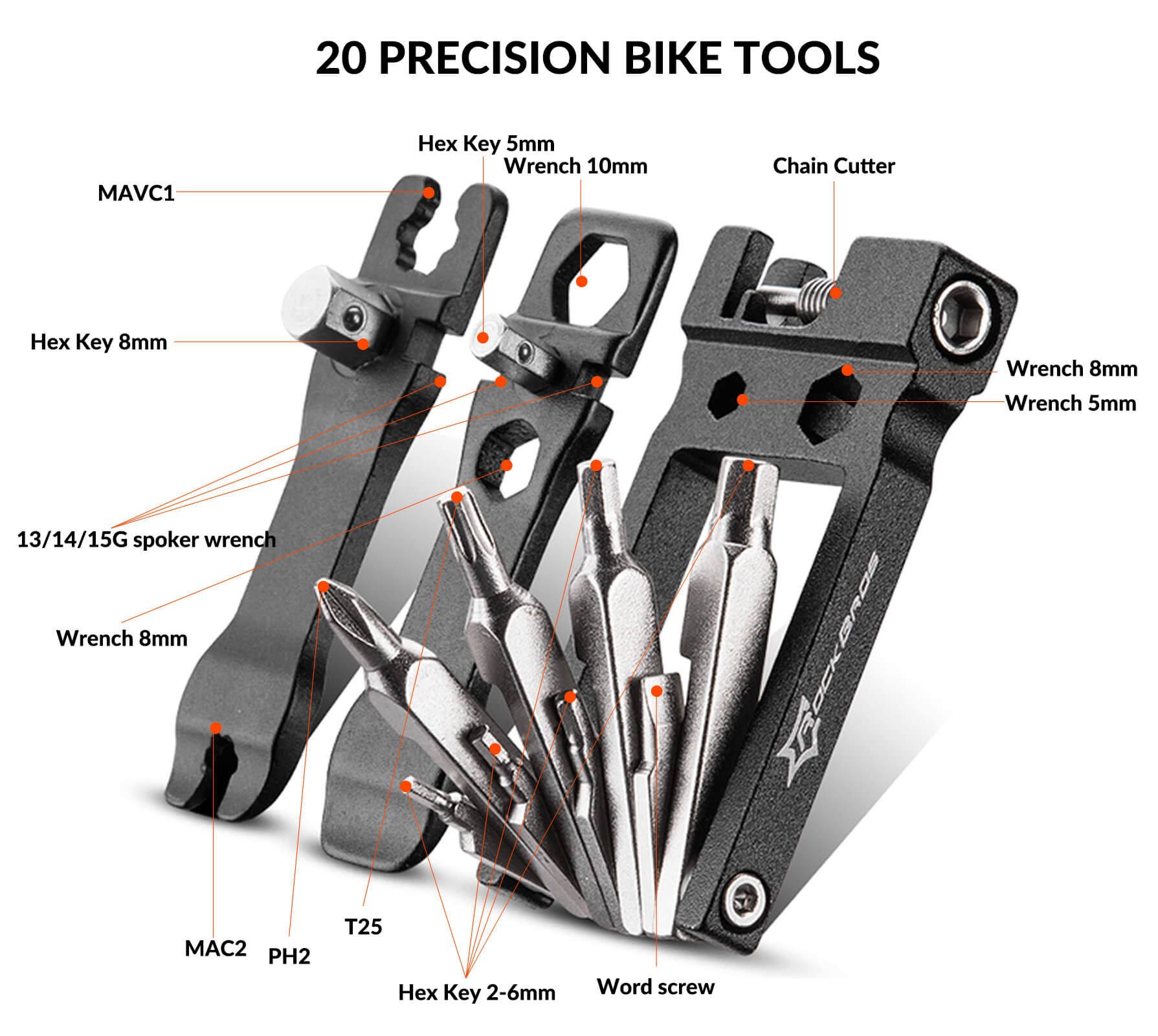 rockbros foldable stainless steel bicycle multi-tool for cycling repair.
#option_20-in-1 Repair Tool