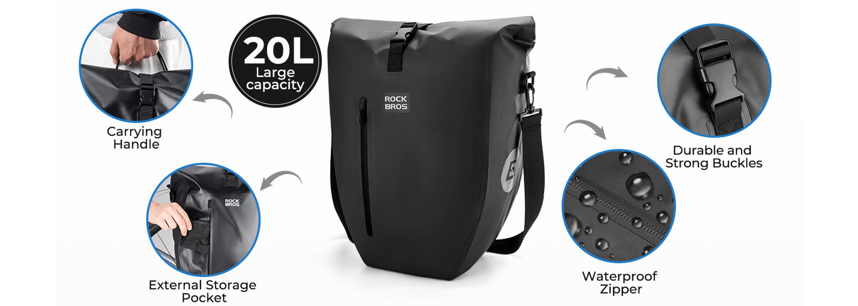 Rockbros waterproof reflective 20L bike pannier bag for rear rack commuting