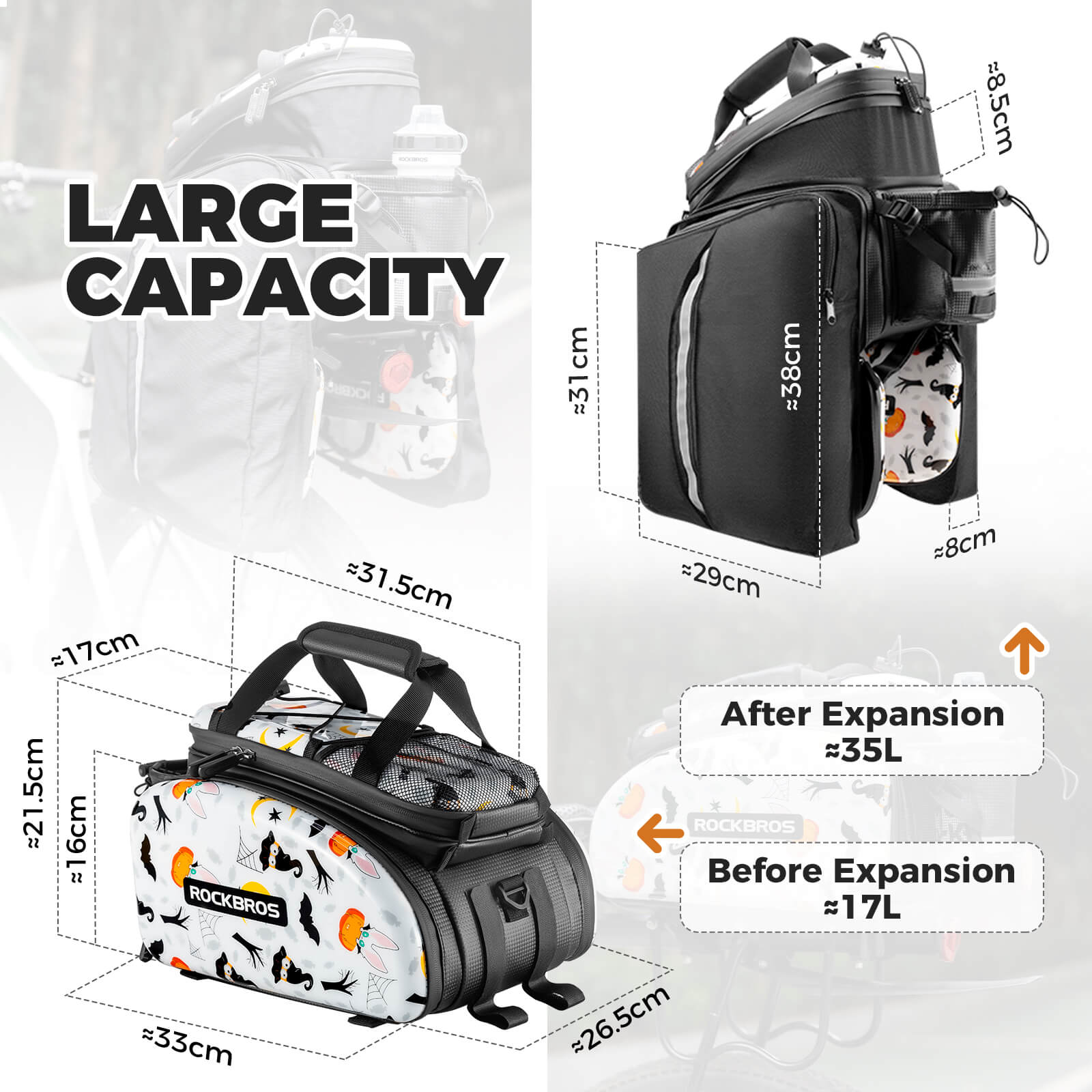 Rockbros Halloween Pumpkin Edition Bicycle Rear Rack Bag with Water Bottle Holder and Hard Shell Protection.