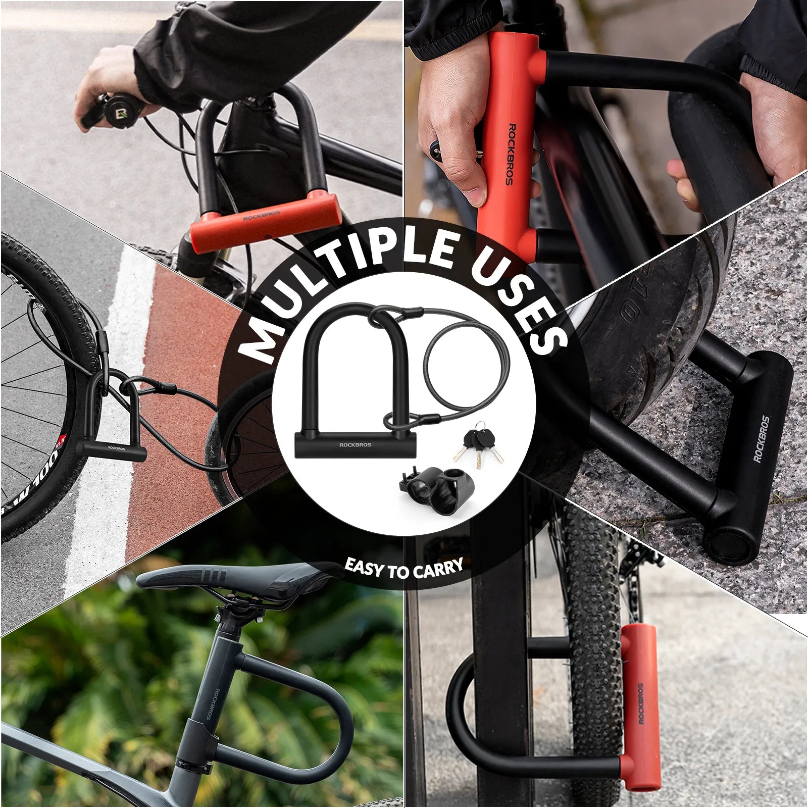 Rockbros heavy duty bike U lock with steel cable and 3 keys on a plain background.
#options_U Lock + Cable