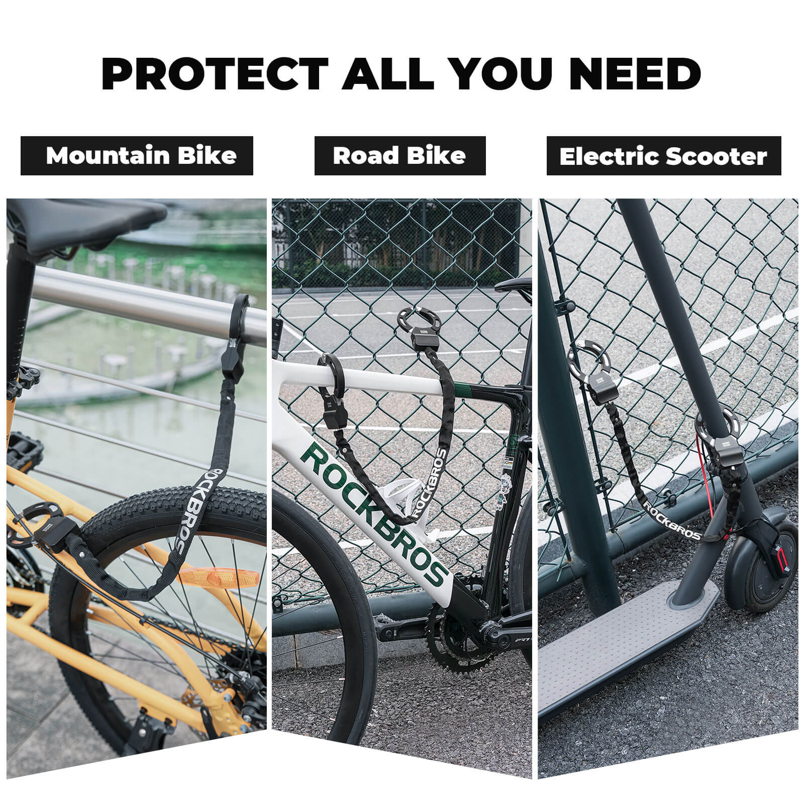 ROCKBROS Heavy Duty Bike Chain Lock - Anti-Theft Bicycle and Electric Scooter Lock with 2 Keys, 3.2ft Wear-Resistant Steel Chain.