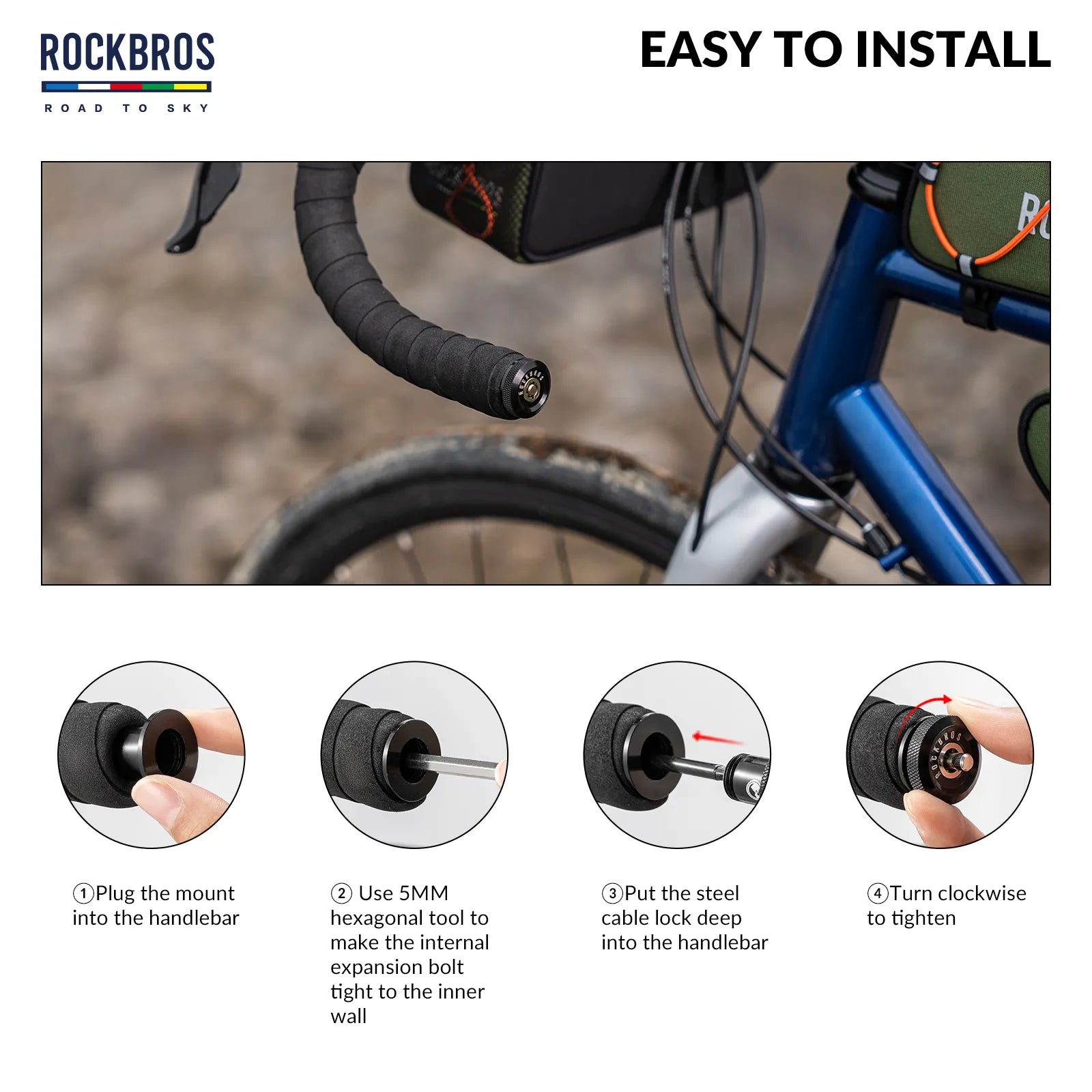 ROCKBROS hidden bar end bike cable lock fully concealed inside a bicycle handlebar grip.